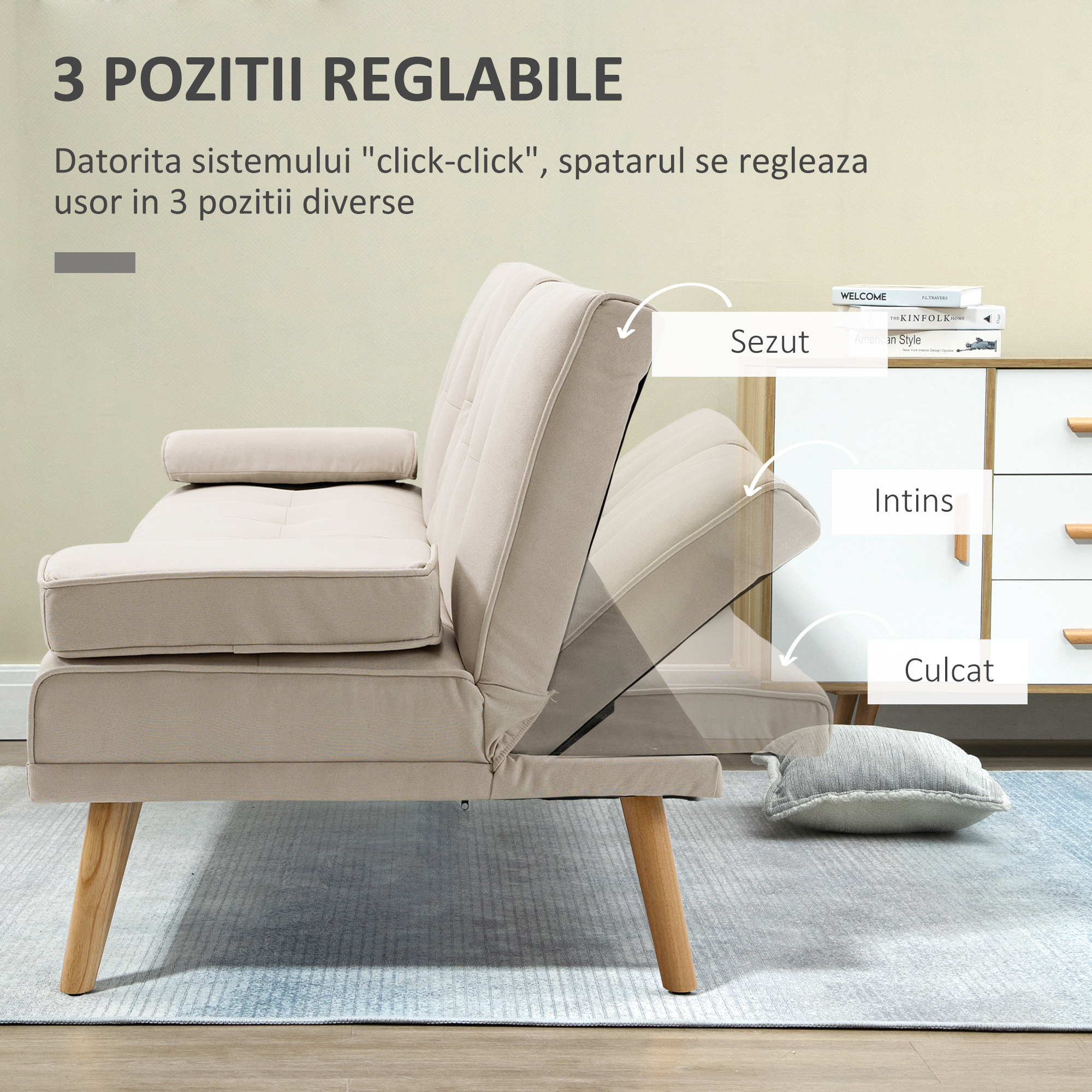  Canapea extensibila 3 locuri, rabatabila, cu tapiterie cu efect de in si masuta pliabila, bej [4]