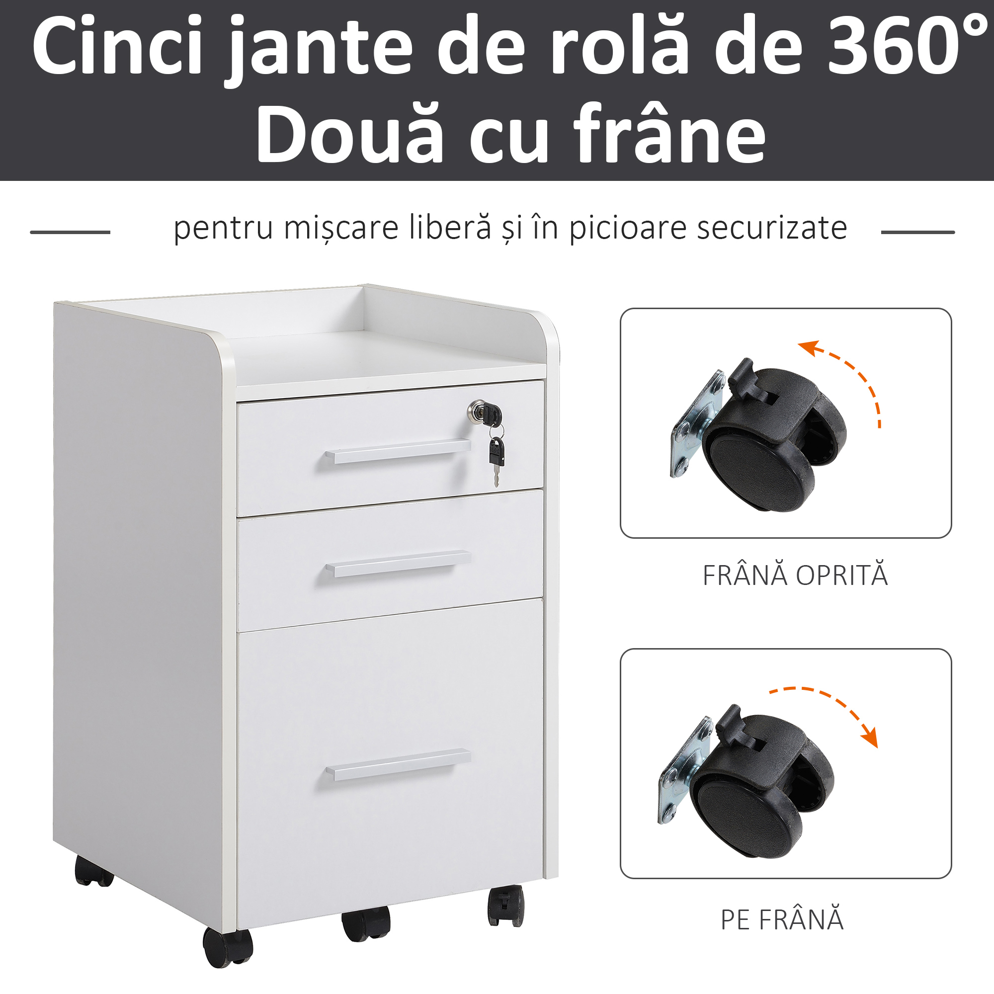  Comoda Birou 3 Sertare - Cu Etajera & 5 Roti, Alb Modern [6]