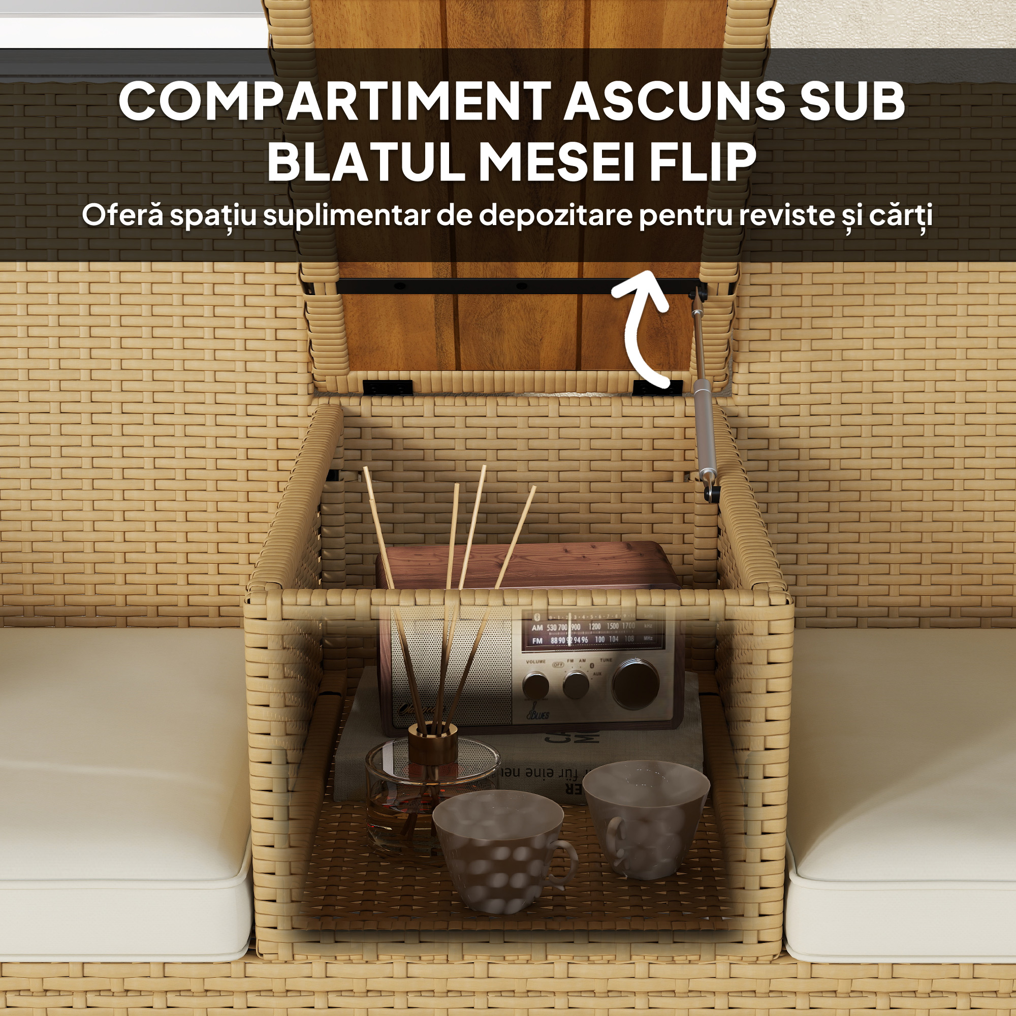  Banca de Exterior cu Masuta Rabatabila si Spatiu Depozitare Crem si Kaki [4]