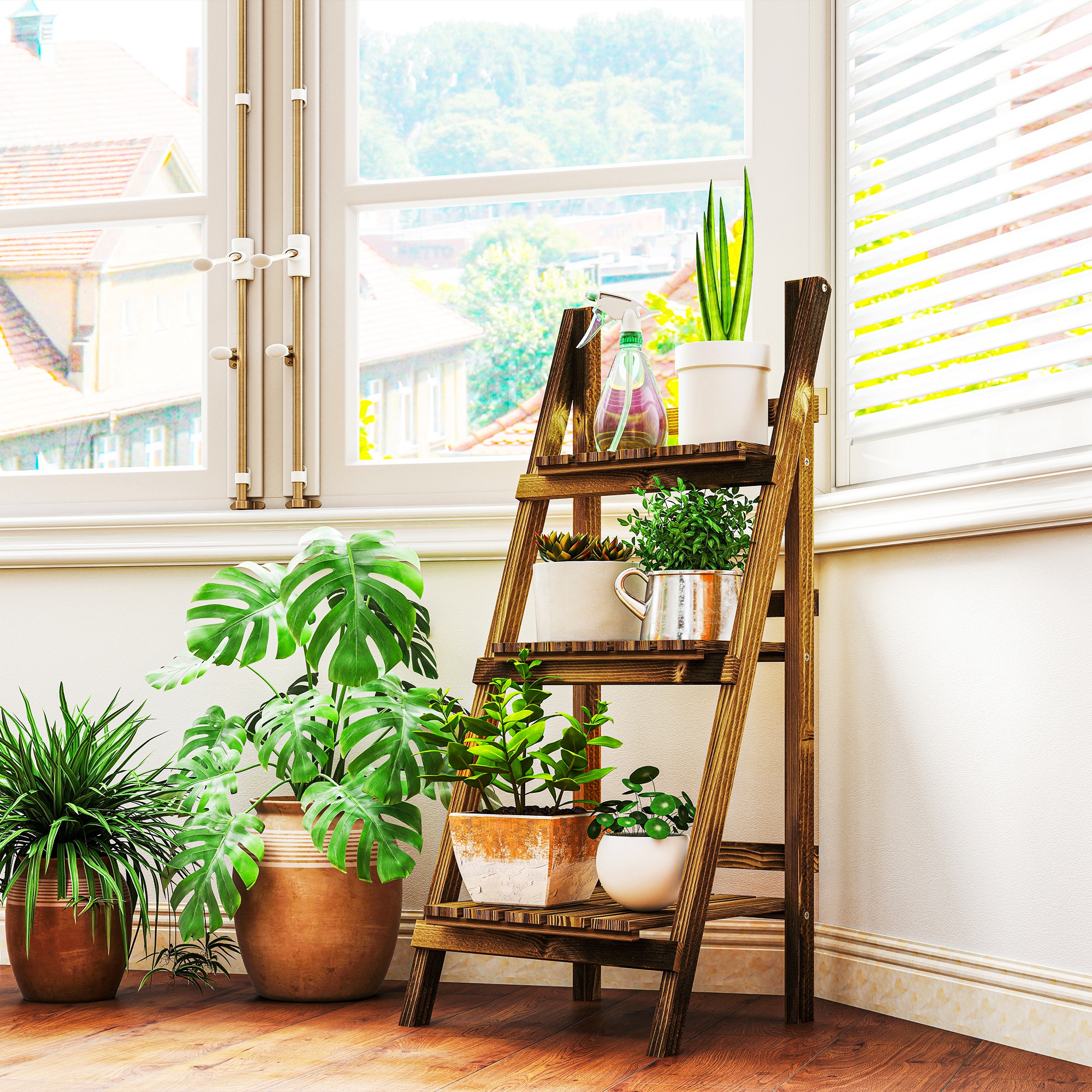  Suport pentru Plante Pliabil, Jardiniera cu 3 Niveluri, Raft de Exterior pentru Plante, 40x37x93 cm, Lemn Natural [1]