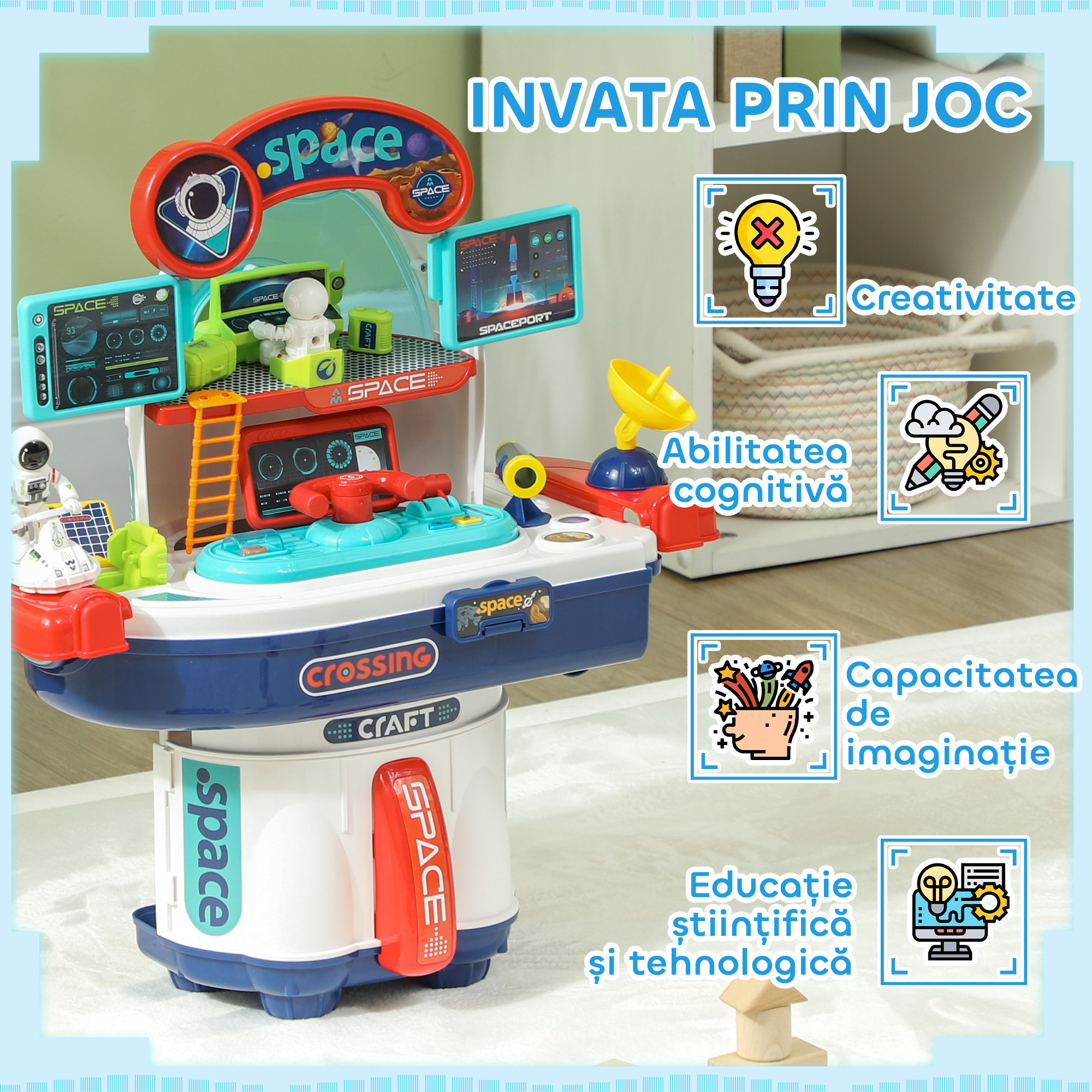  Banc de Lucru Jucarie cu 21 Piese pe Tema Spatiala cu Sunete si Lumini, 45,5x24x52,5 cm, Multicolor [6]