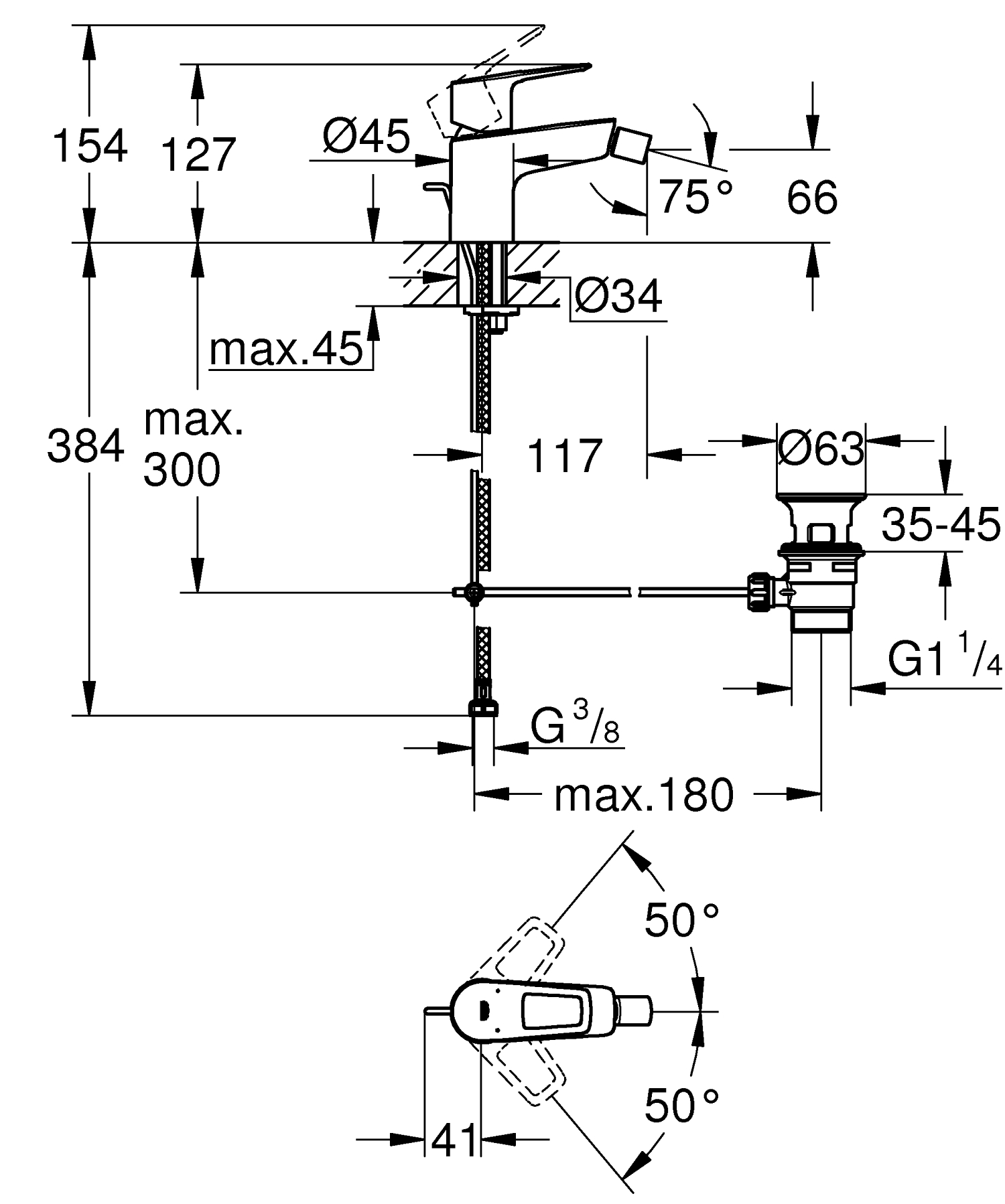 Baterie bideu Grohe 23338001, Bauloop, tip comanda monocomanda, marime s, tip instalare pe bideu, crom [3]