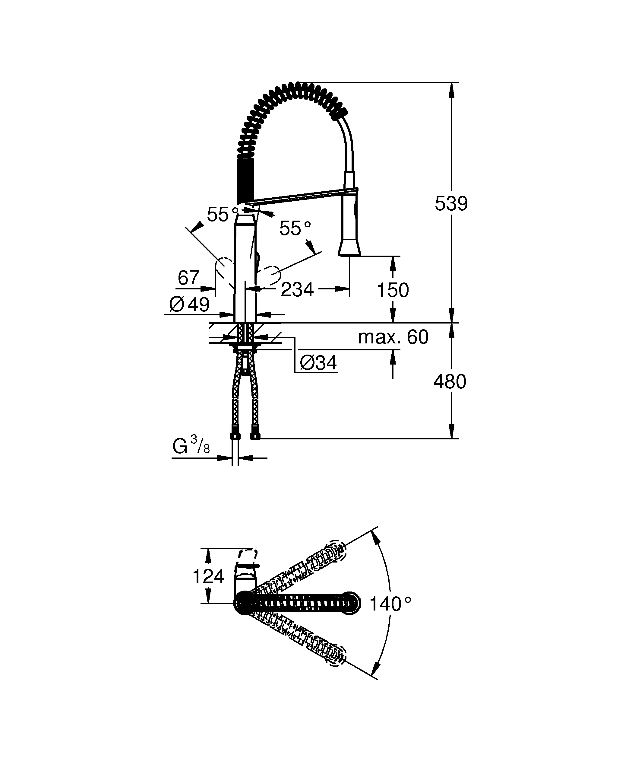 Baterie bucatarie Grohe 31379000, K7, tip comanda monocomanda, marime extra inalta, forma pipa tip c, crom [4]