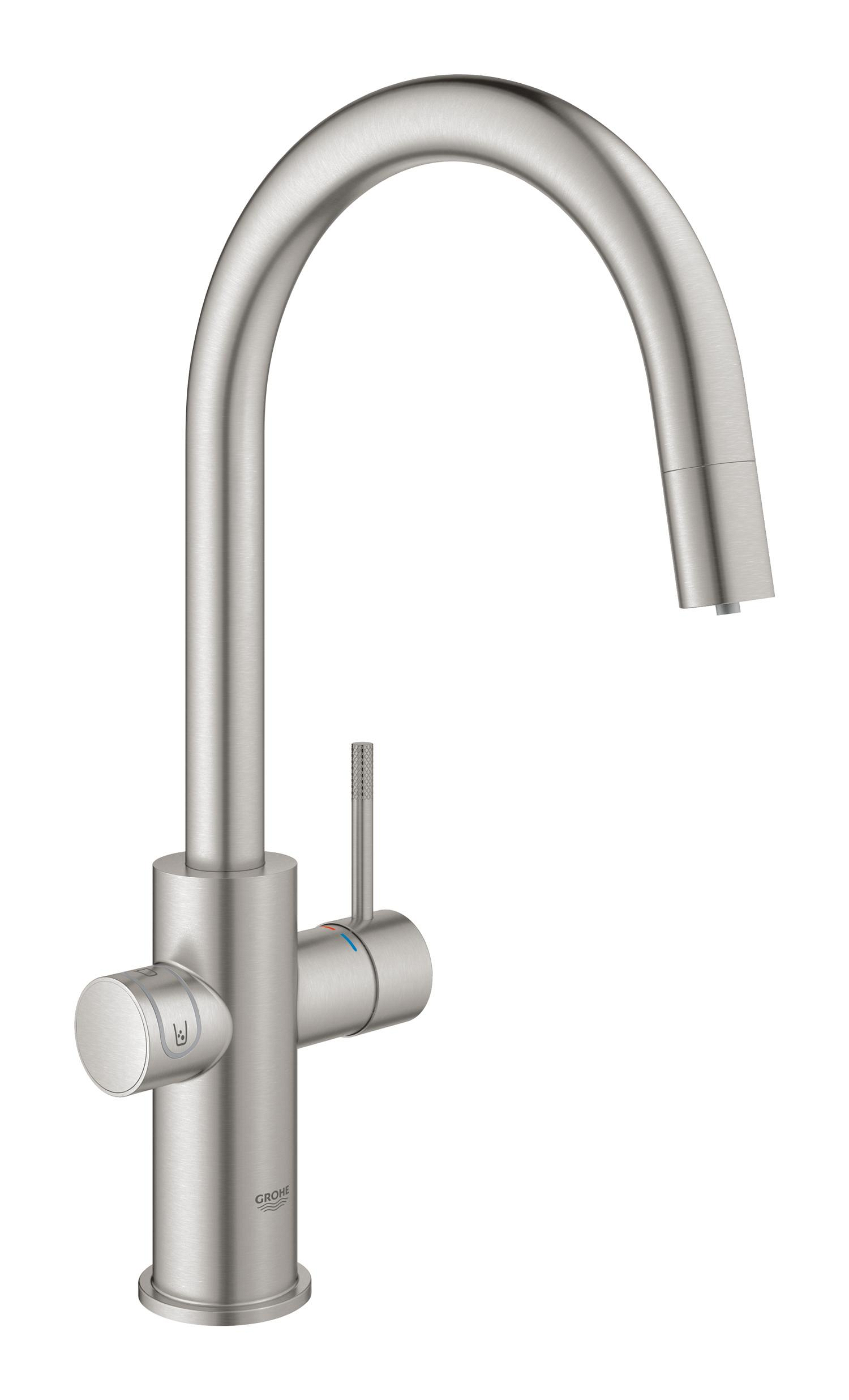 Baie - Baterie bucatarie Grohe 101073DC01, Blue Home, tip comanda dubla comanda, forma pipa tip c, otel satinat