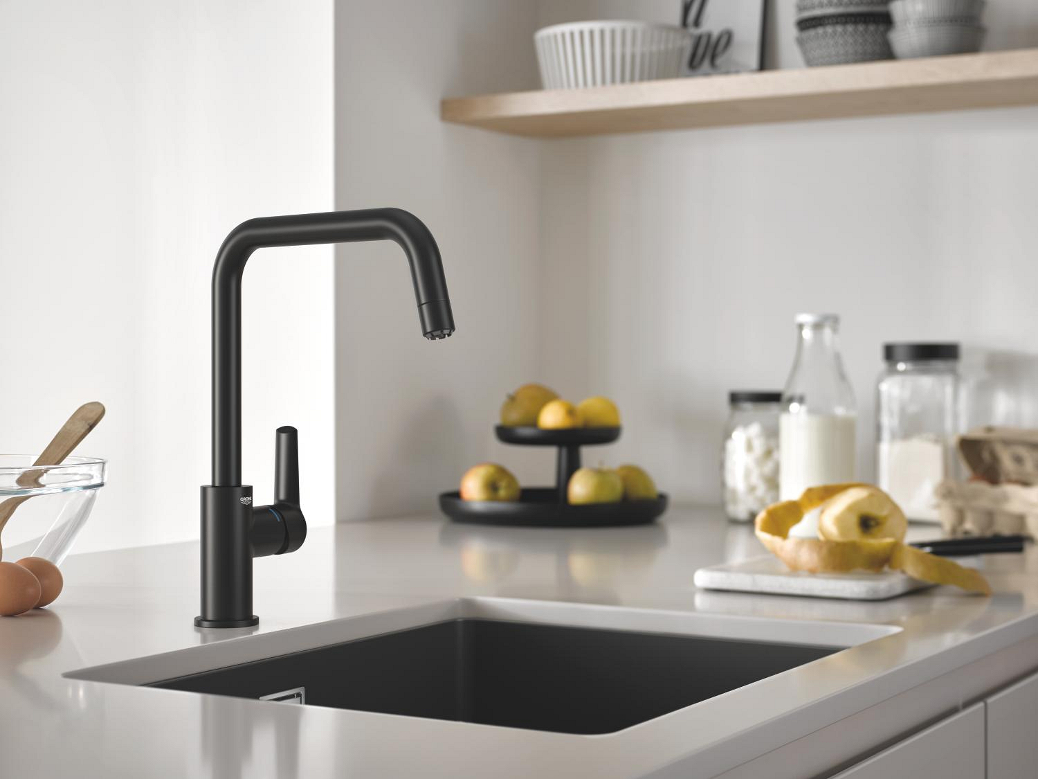 Baie - Baterie bucatarie Grohe 1012422430, Start, tip comanda monocomanda, forma pipa tip c, marime inalta, negru
