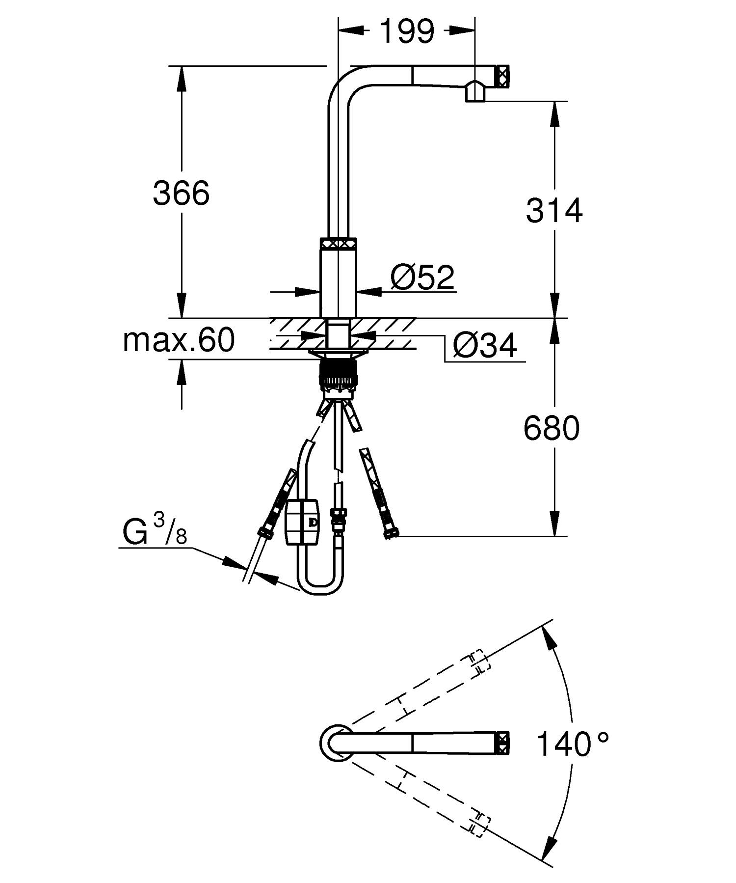 Baterie bucatarie Grohe 30443000, Vento, tip comanda dubla comanda, marime inalta, forma pipa tip l, crom [3]