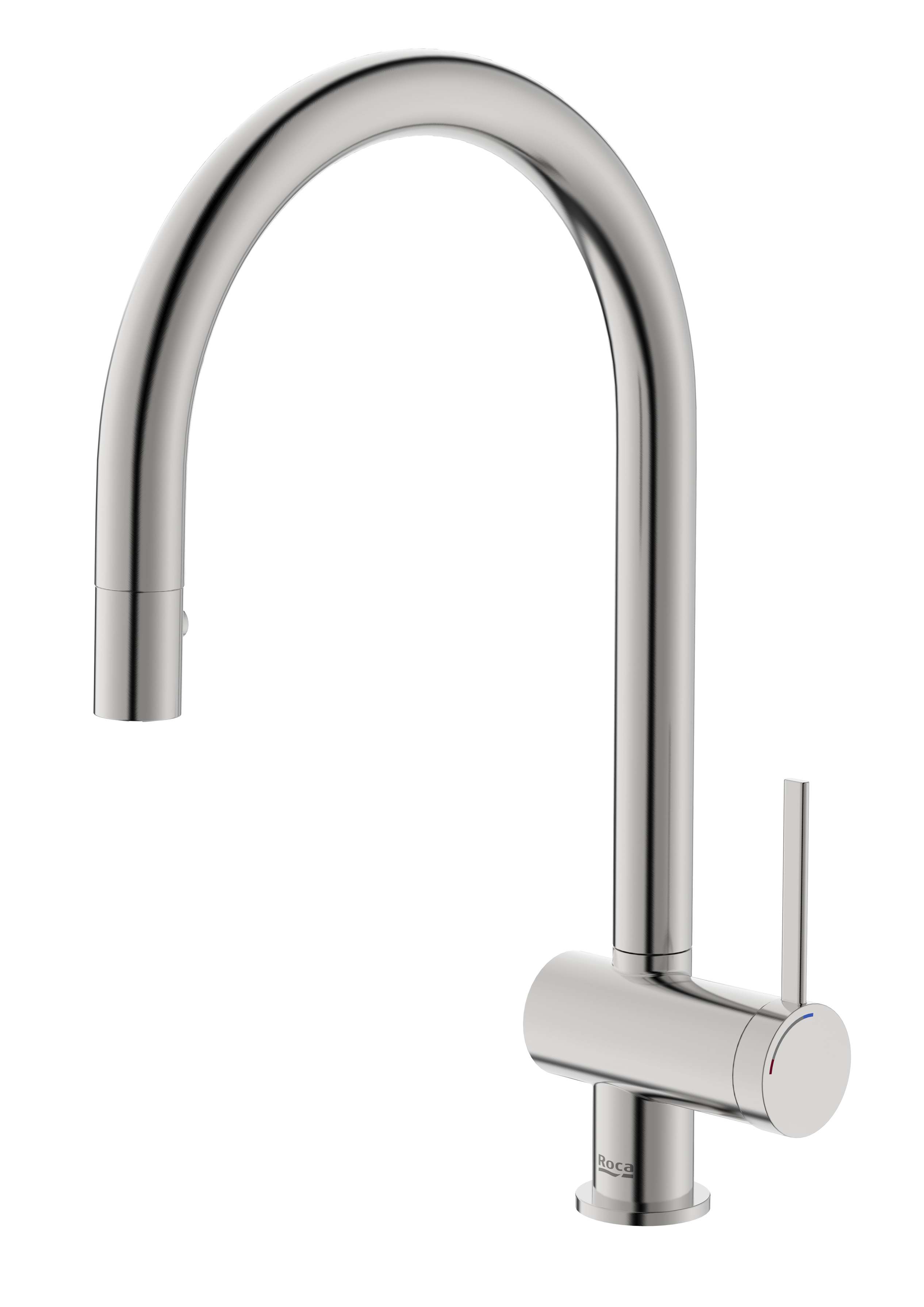 Baterii sanitare - Baterie bucatarie Roca A5A811FSM0, ONA, tip comanda monocomanda, forma pipa tip c, marime inalta, otel satinat