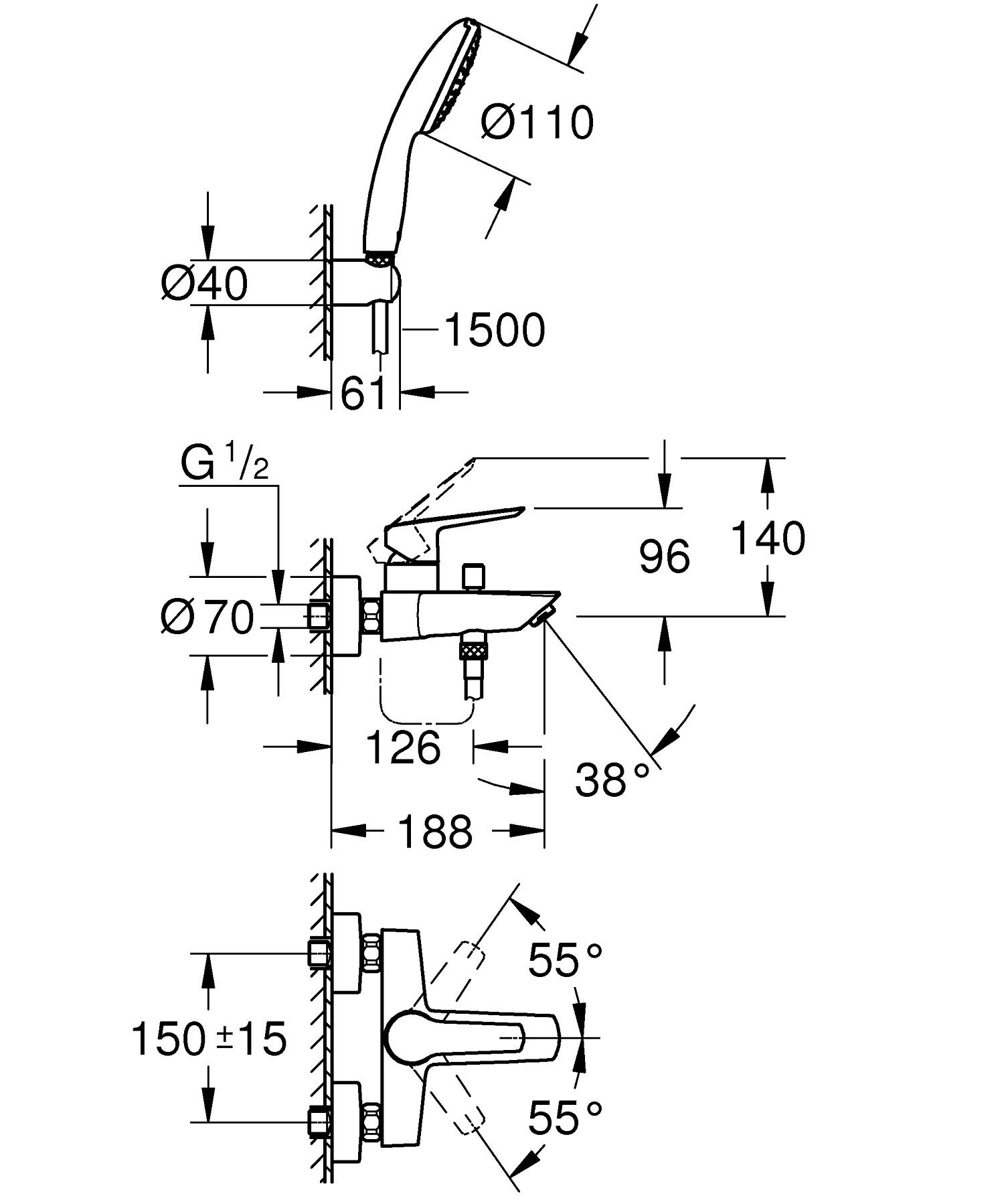 Baterie cada Grohe 25276003, Eurosmart, montaj pe perete, tip incastrare aparent, tip comanda monocomanda, crom [1]