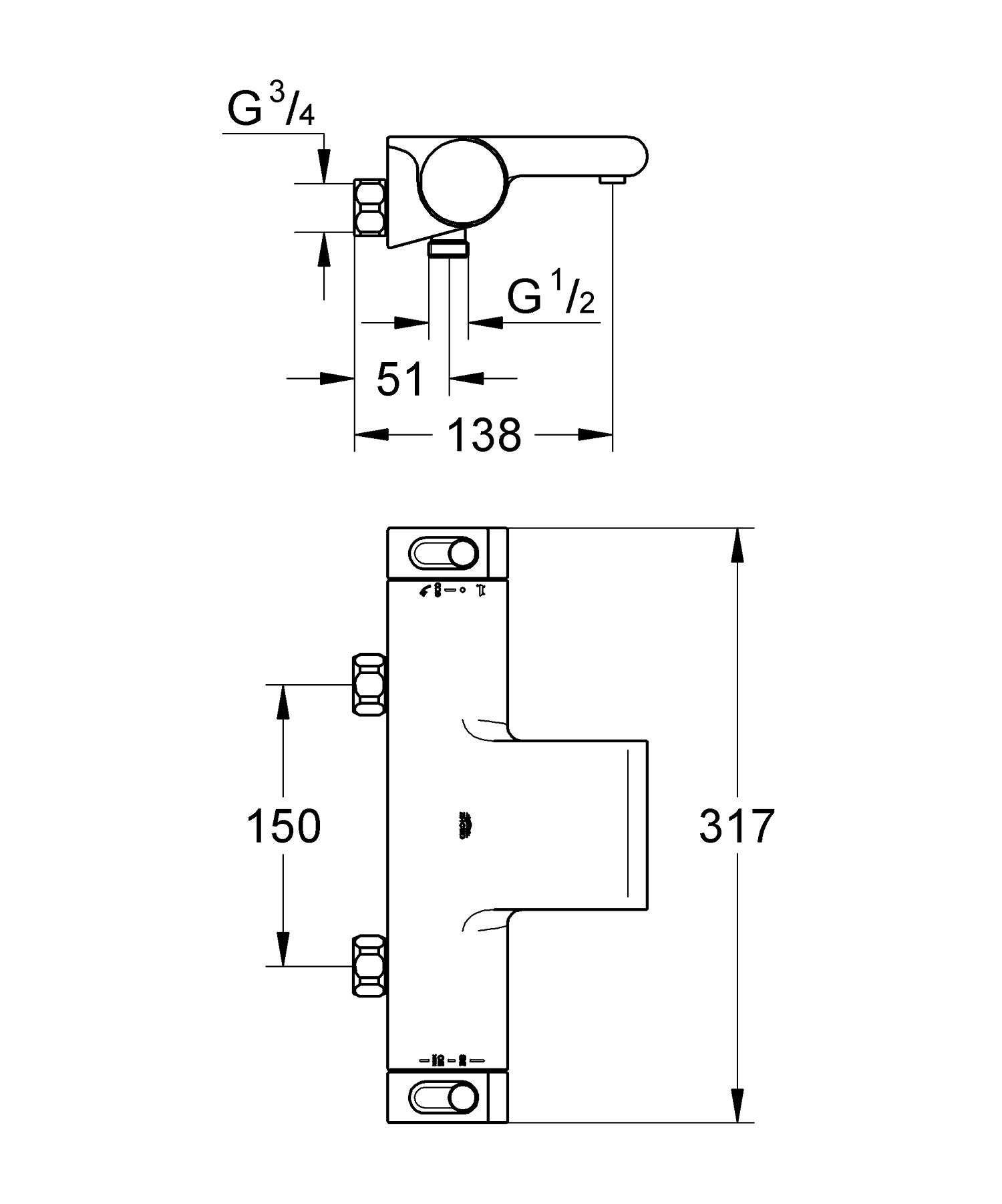 Baterie cada Grohe 34484001, Grohtherm 2000 New, montaj pe perete, compatibil cu instalatii sanitare standard, crom [1]