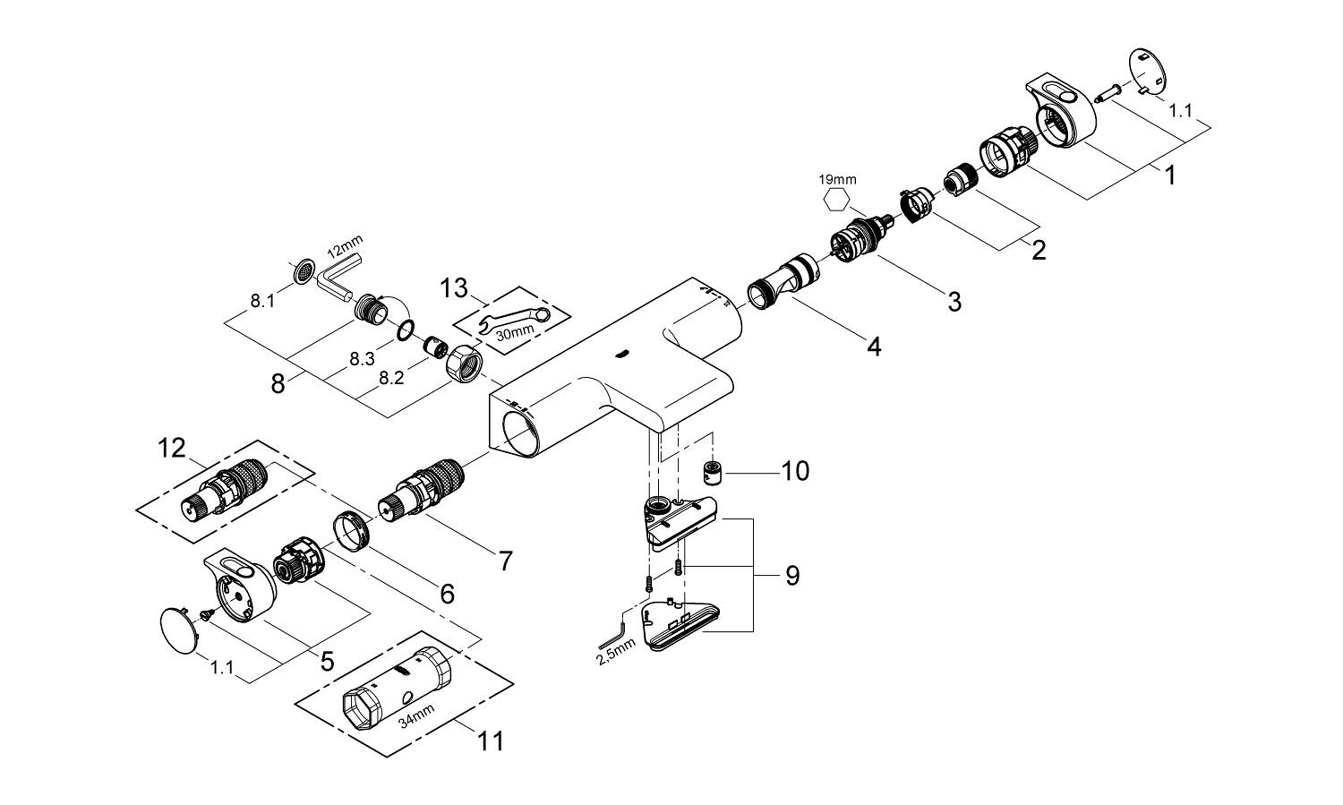 Baterie cada Grohe 34484001, Grohtherm 2000 New, montaj pe perete, compatibil cu instalatii sanitare standard, crom [2]