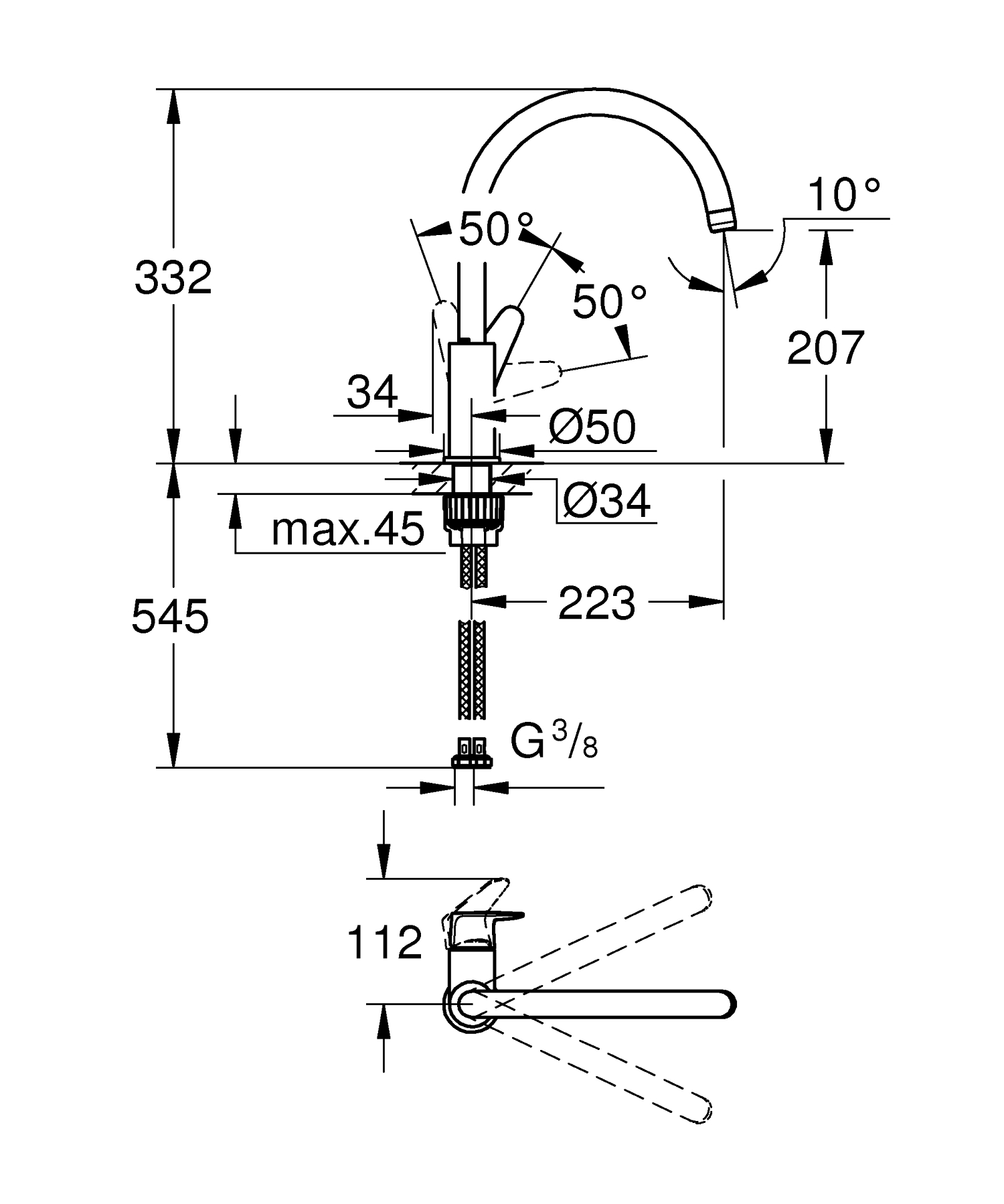 Baterie bucatarie Grohe 31536001, bucatarie BauCurve, tip comanda monocomanda, marime inalta, forma pipa tip c, crom [1]