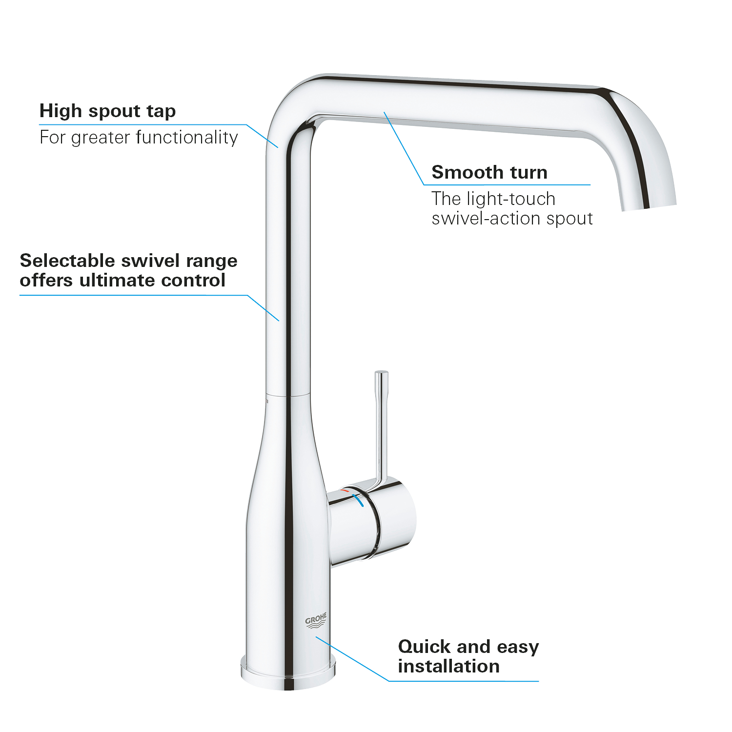 Baterie bucatarie Grohe 30269000, bucatarie Essence, tip comanda monocomanda, marime inalta, forma pipa tip l, crom [3]