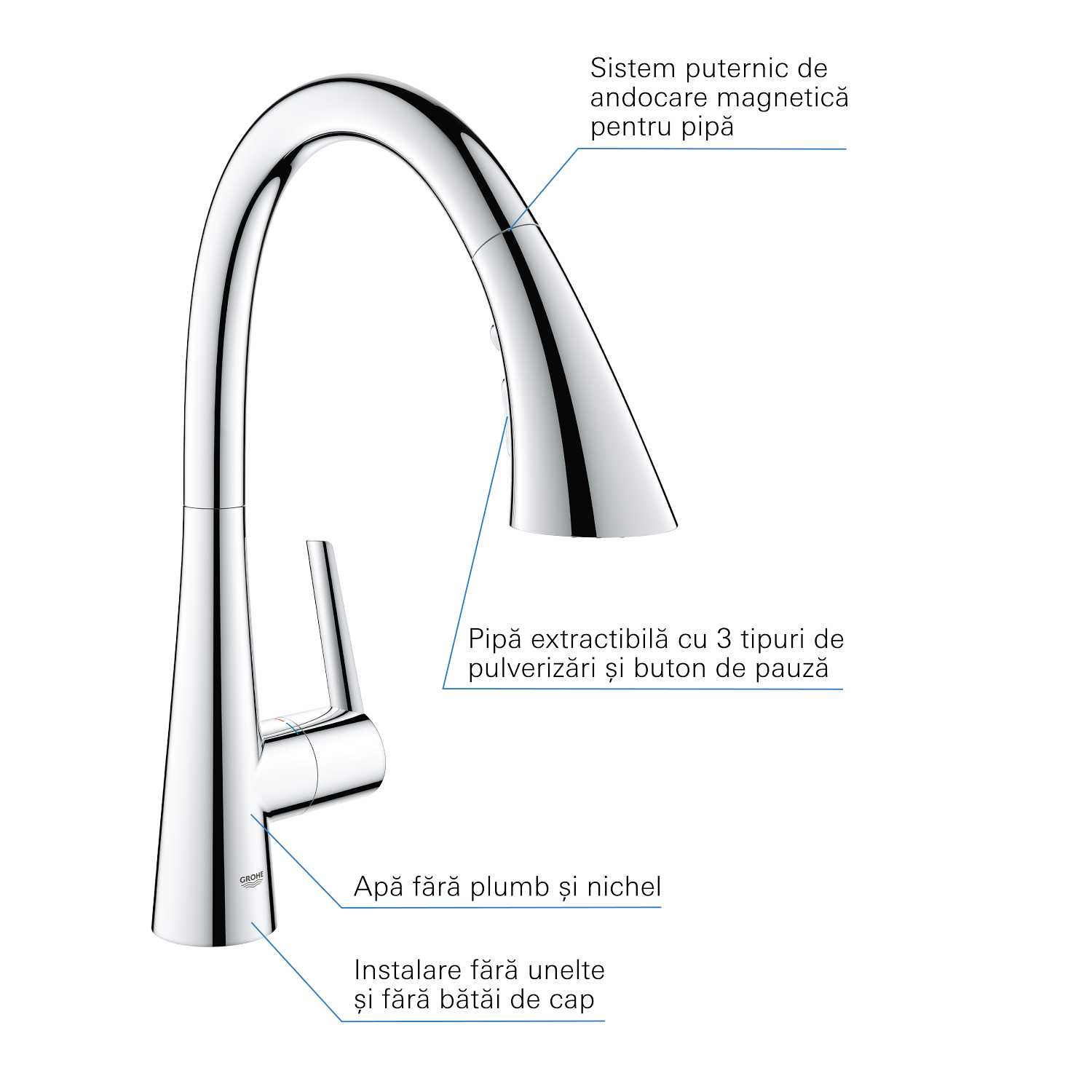 Baterie bucatarie Grohe 32294002, bucatarie Zedra, tip comanda monocomanda, marime inalta, forma pipa tip c, crom [6]