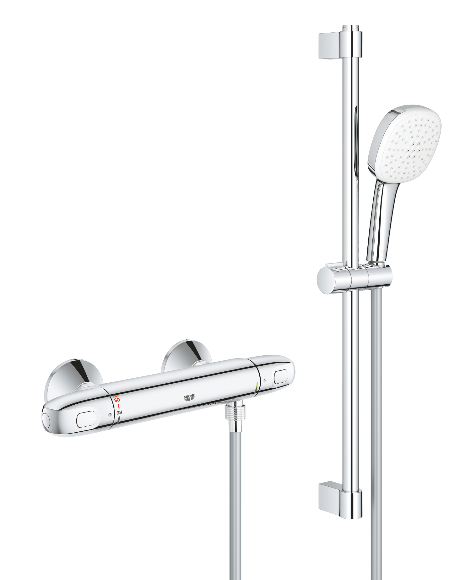Baterii sanitare - Baterie dus Grohe 34825002, Grohtherm 1000, tip incastrare aparent, tip comanda dubla comanda, set de dus inclus, crom