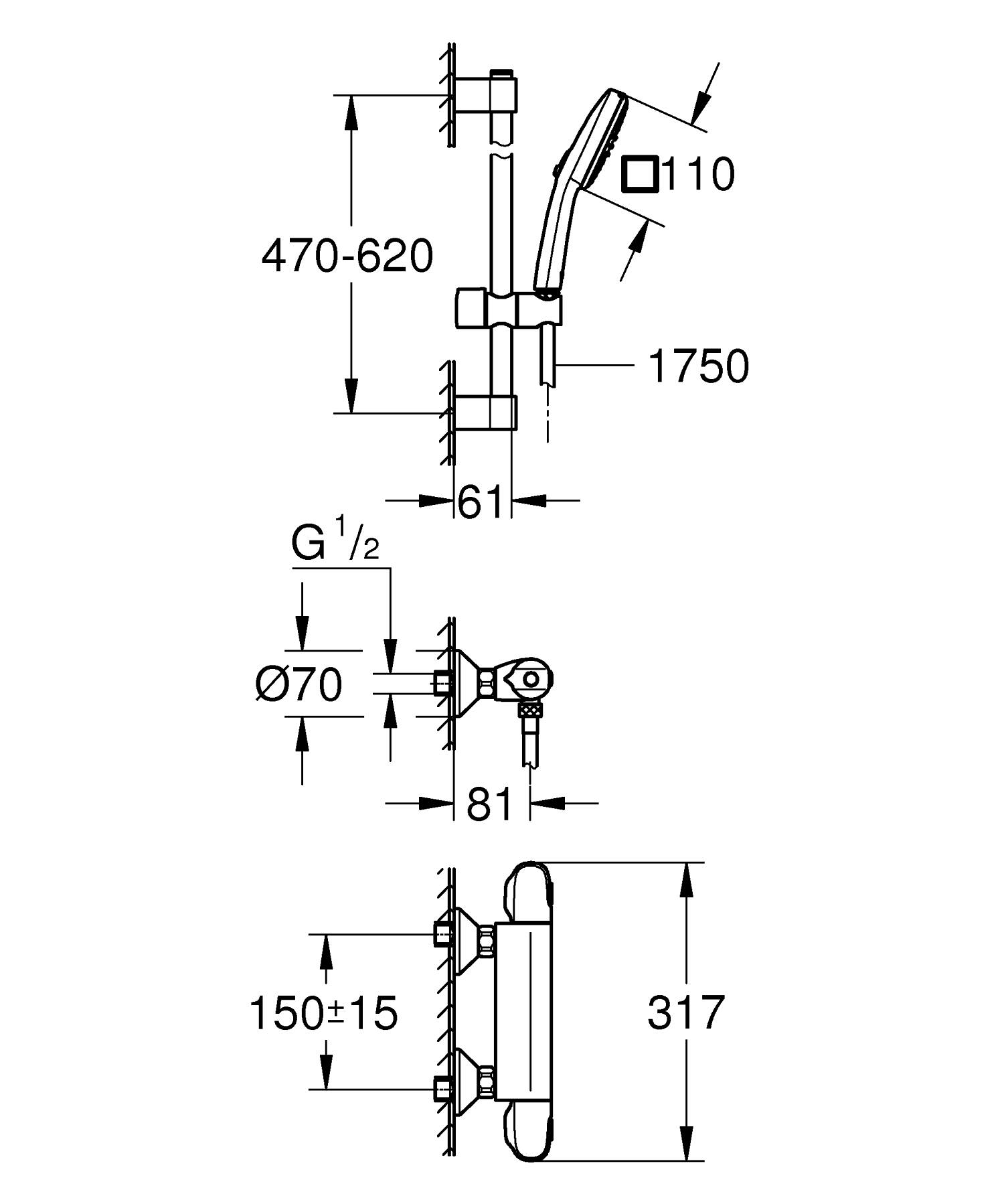 Baterie dus Grohe 34825002, Grohtherm 1000, tip incastrare aparent, tip comanda dubla comanda, set de dus inclus, crom [1]