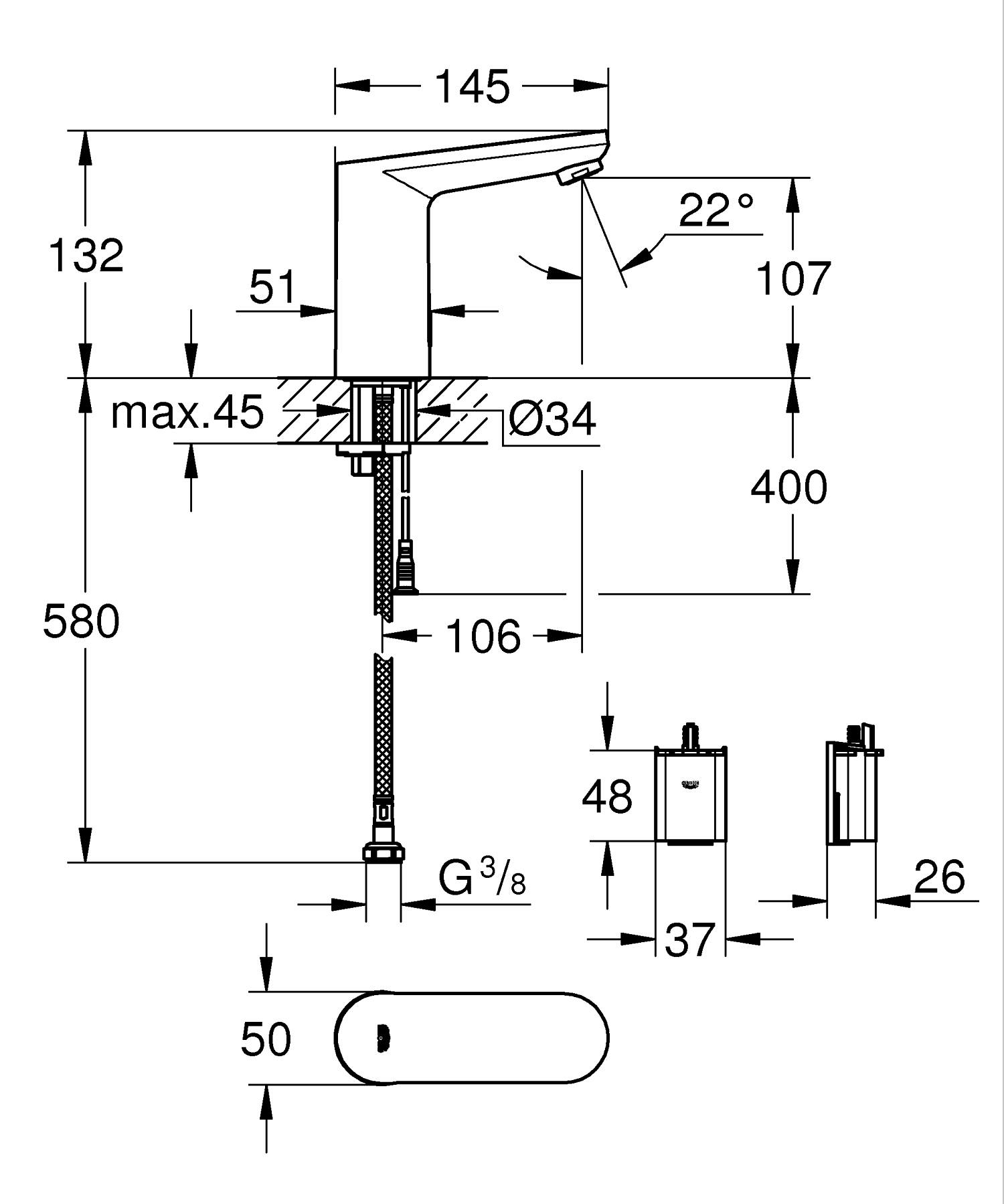 Baterie cu senzor Grohe 36439001, infrarosu Eurosmart E, pentru lavoar, montaj pe lavoar, pe blat, crom [3]