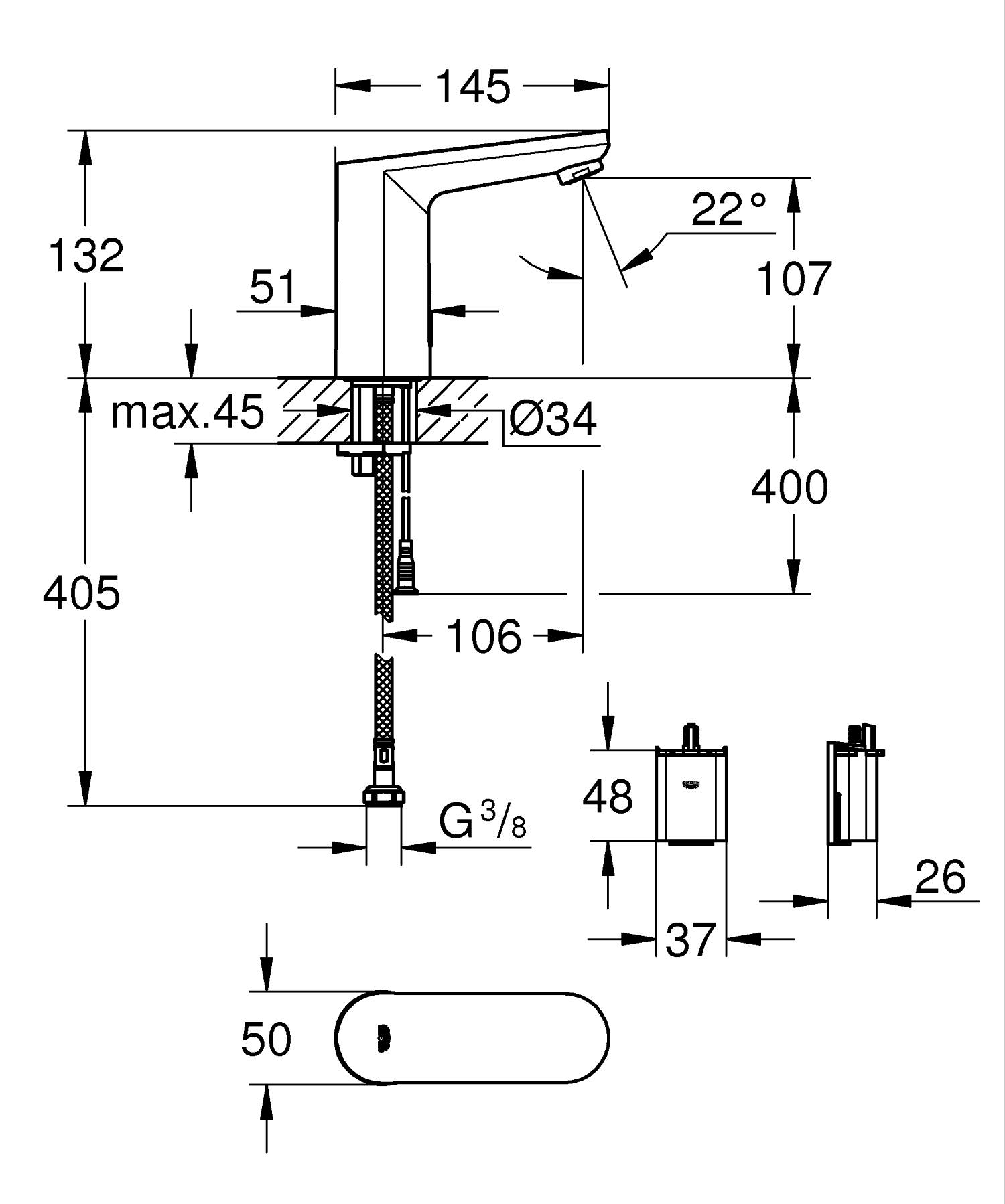 Baterie cu senzor Grohe 36330002, infrarosu Eurosmart E, pentru lavoar, montaj pe lavoar, pe blat, crom [3]