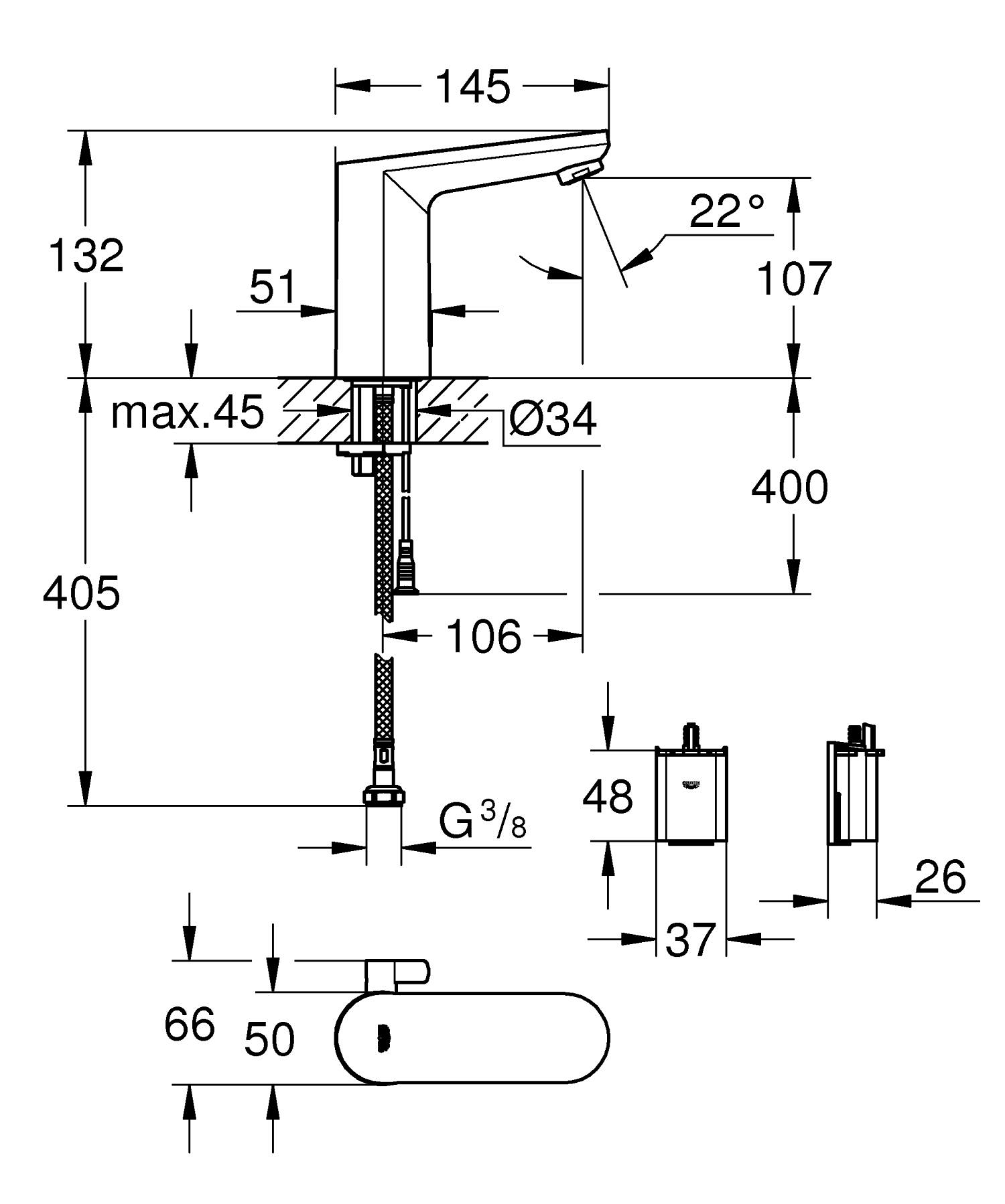 Baterie cu senzor Grohe 36366002, lavoar infrarosu Get, pentru lavoar, montaj pe blat, pe lavoar, crom [4]