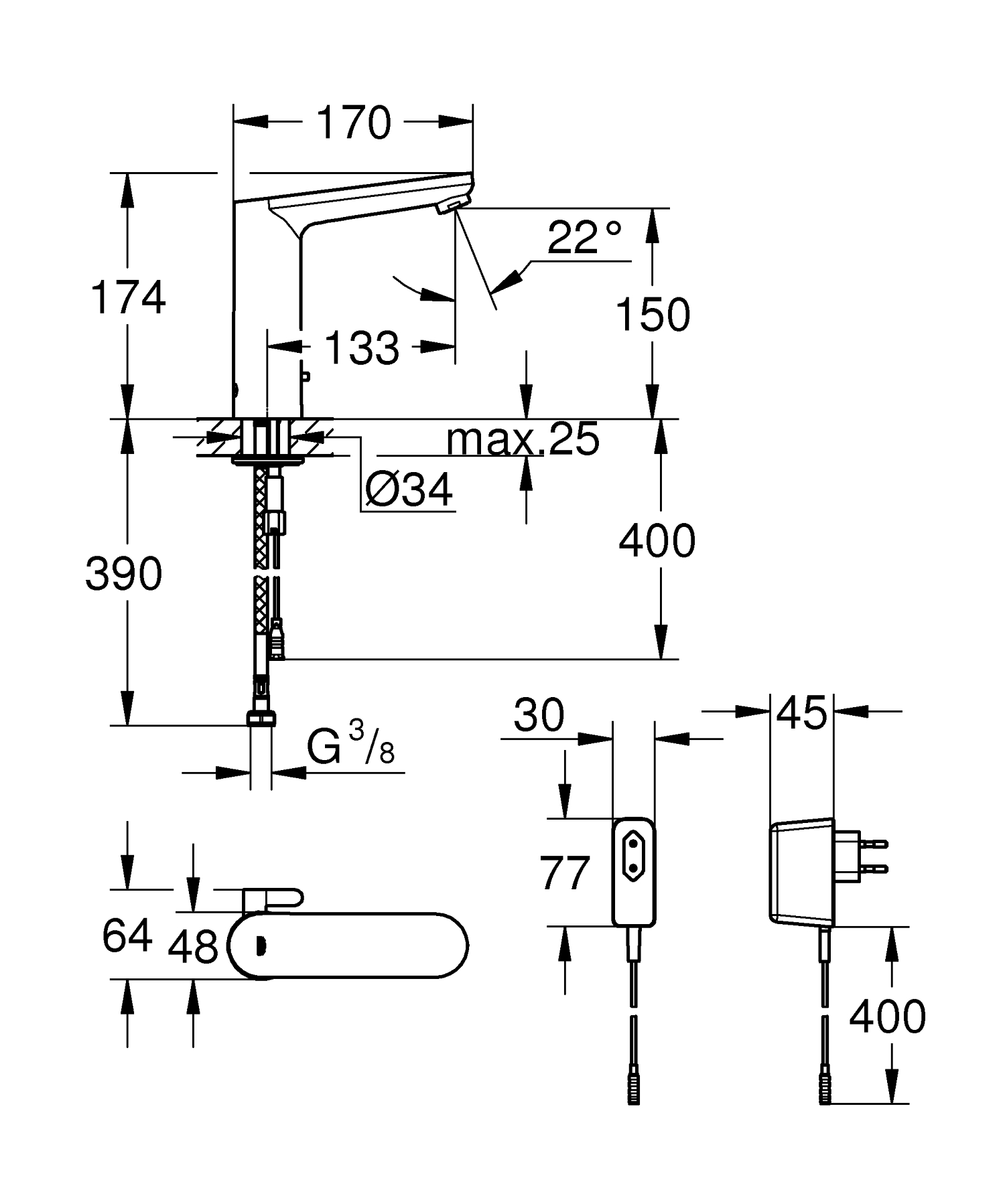 Baterie cu senzor Grohe 36421000, pentru lavoar, montaj pe blat, pe lavoar, tip alimentare baterie 6v, crom [4]