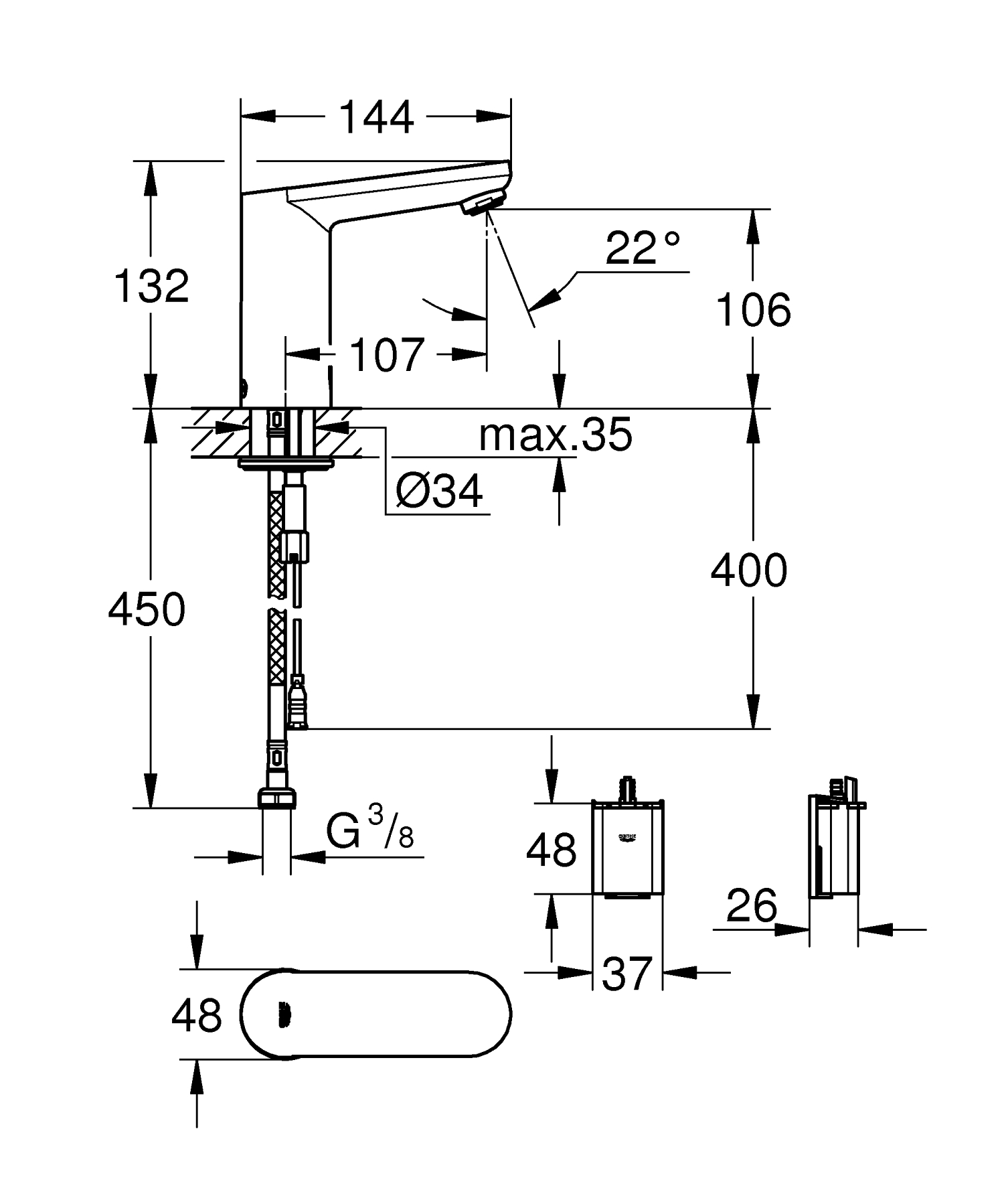 Baterie cu senzor Grohe 36439000, pentru lavoar, montaj pe blat, pe lavoar, tip alimentare baterie 6v, crom [1]
