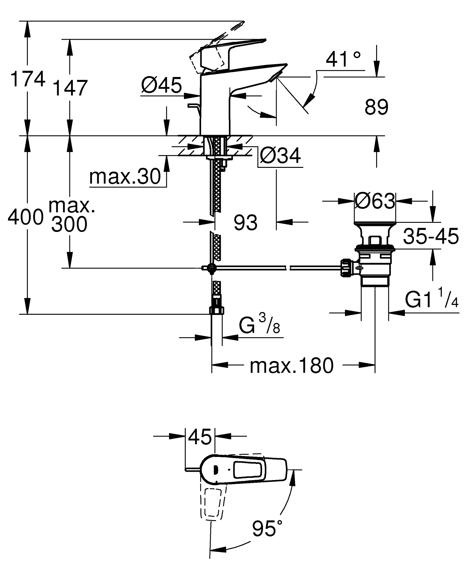 Baterie lavoar Grohe 22054001, Bauloop, tip comanda monocomanda, tip instalare pe lavoar, marime s, crom [5]