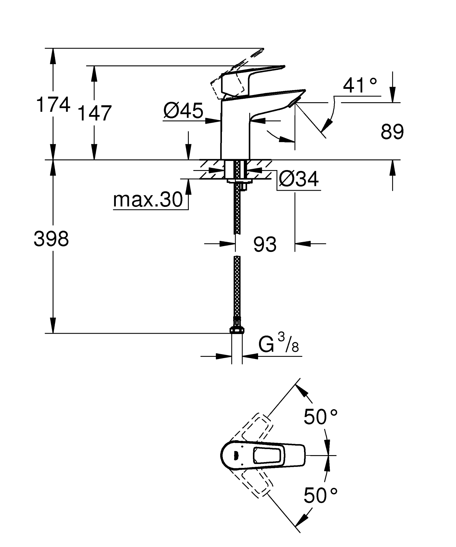 Baterie lavoar Grohe 23337001, Bauloop, tip comanda monocomanda, tip instalare pe lavoar, marime s, crom [4]