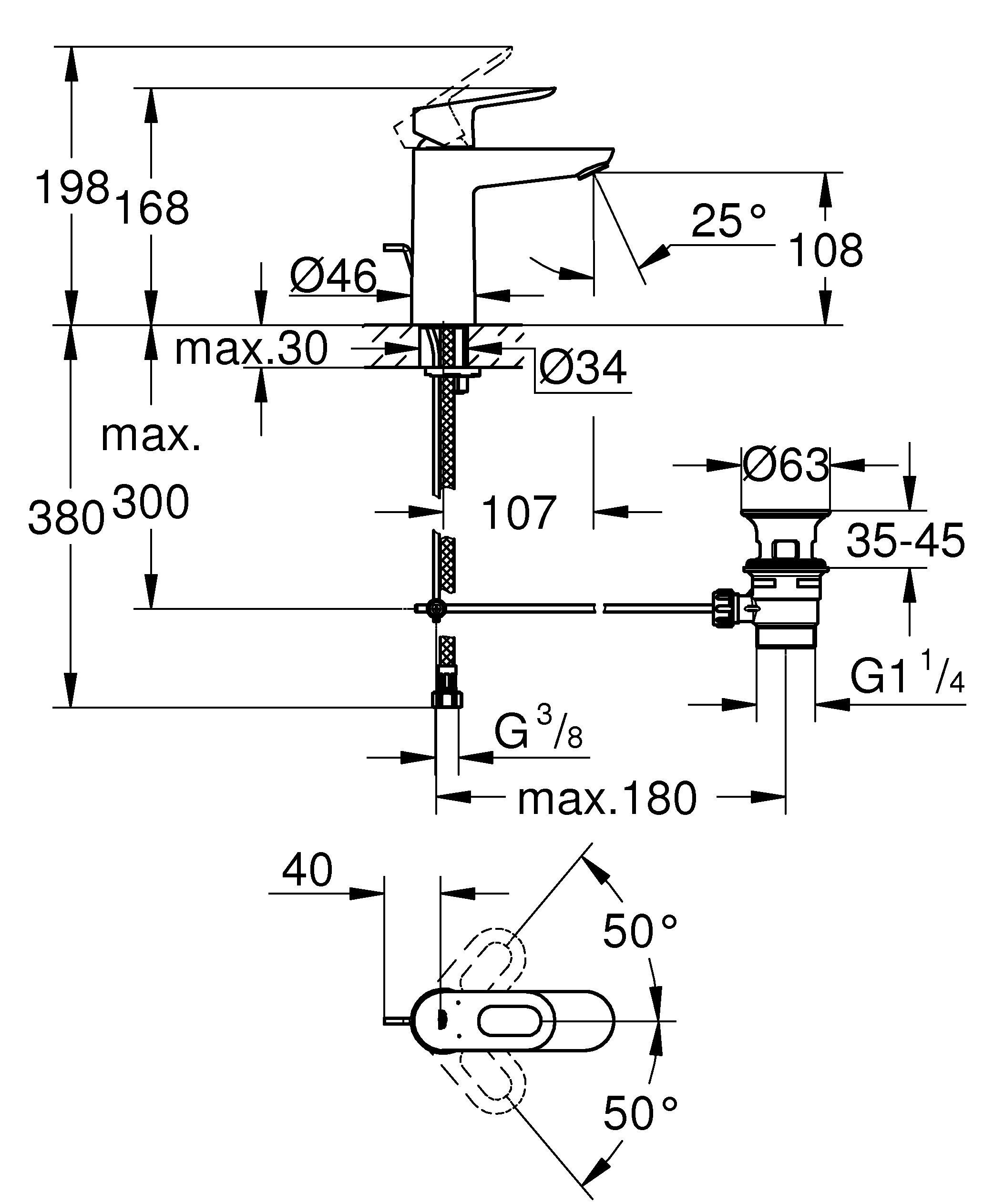 Baterie lavoar Grohe 23762000, Bauloop, tip comanda monocomanda, tip instalare pe lavoar, marime m, crom [8]