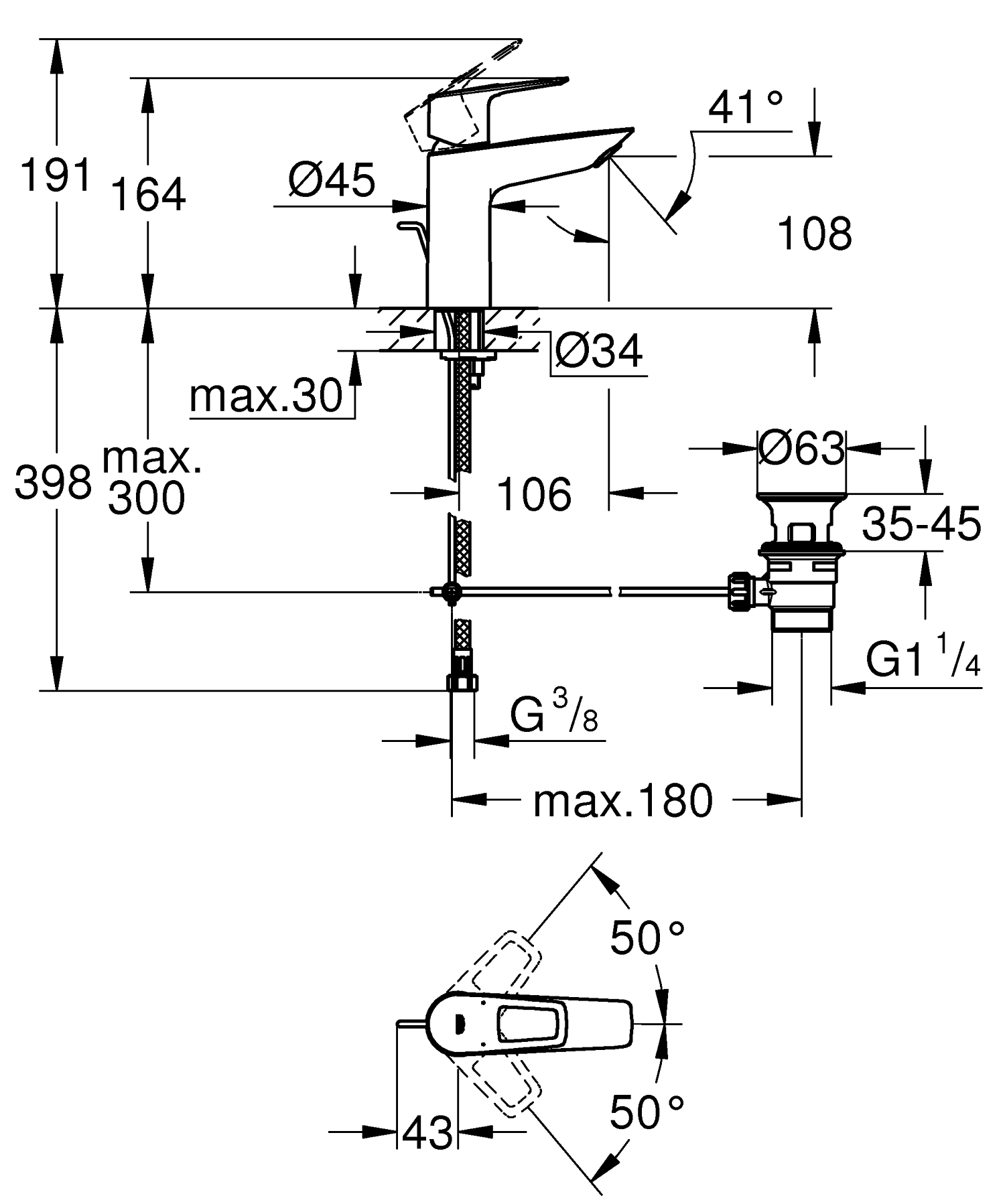 Baterie lavoar Grohe 23762001, Bauloop, tip comanda monocomanda, tip instalare pe lavoar, marime m, crom [6]