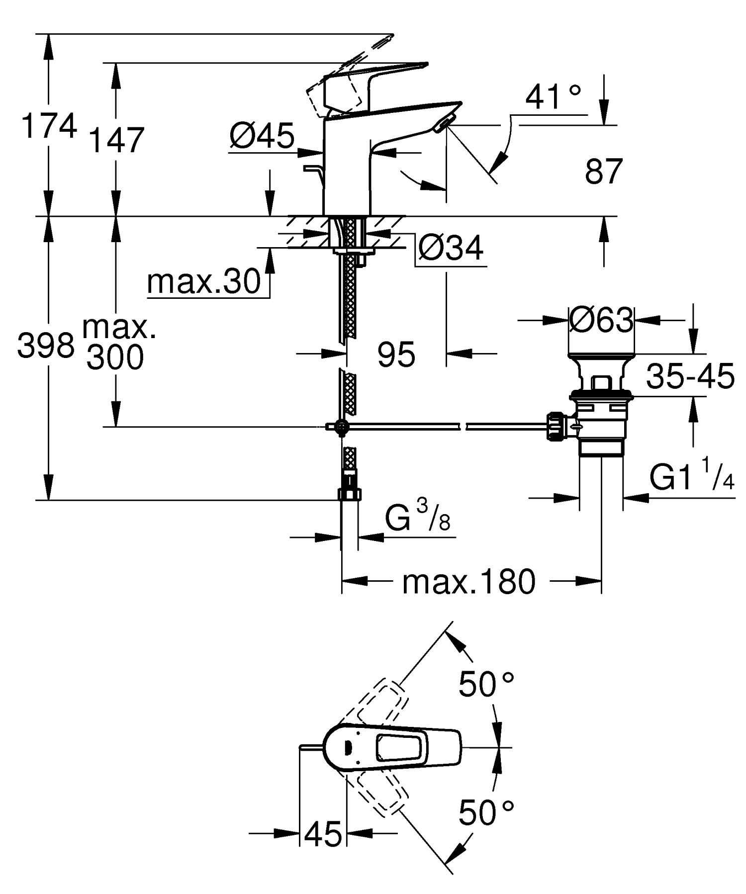 Baterie lavoar Grohe 23877001, Bauloop, tip comanda monocomanda, tip instalare pe lavoar, marime s, crom [5]