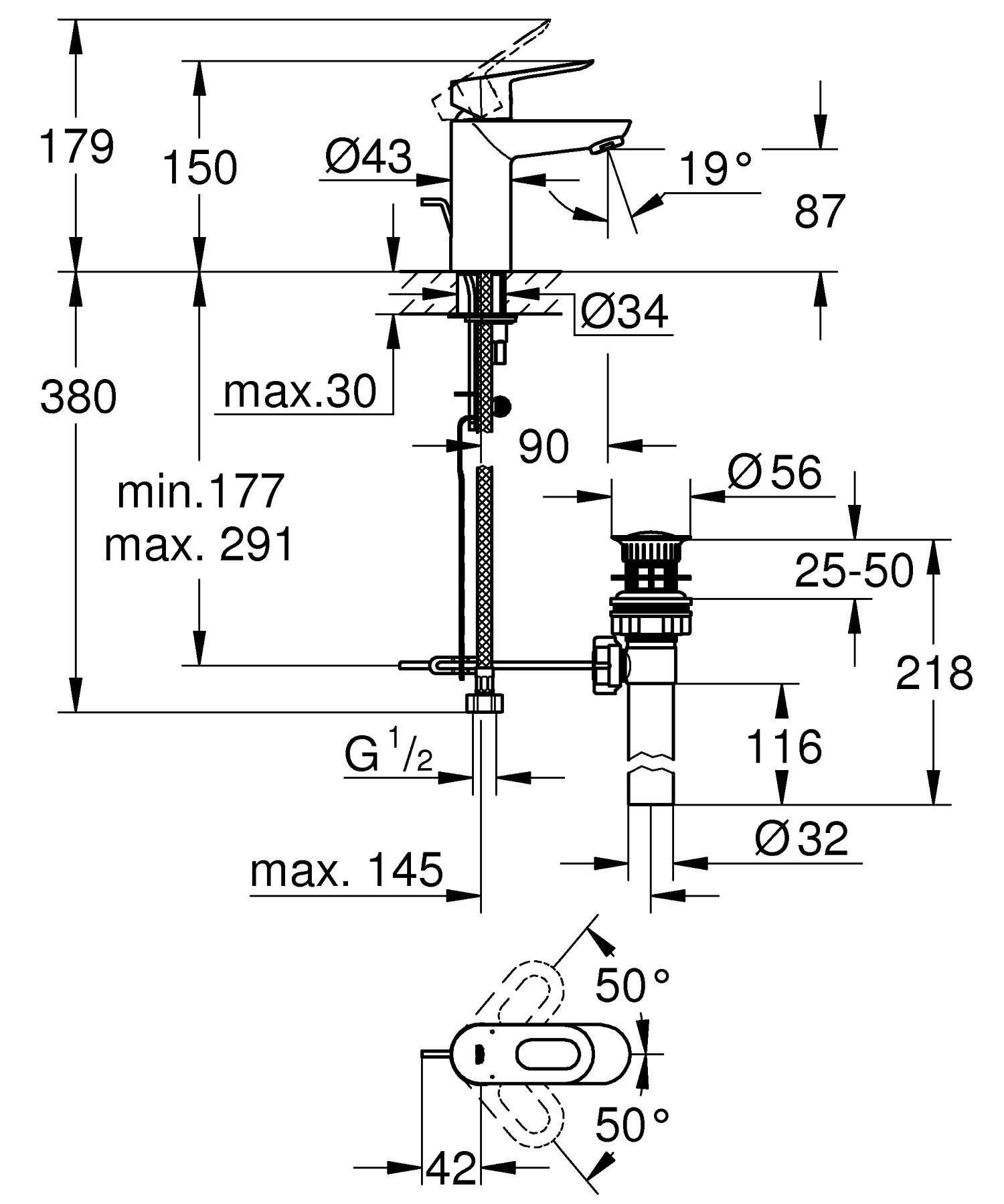 Baterie lavoar Grohe 32814000, Bauloop, tip comanda monocomanda, tip instalare pe lavoar, marime s, crom [3]