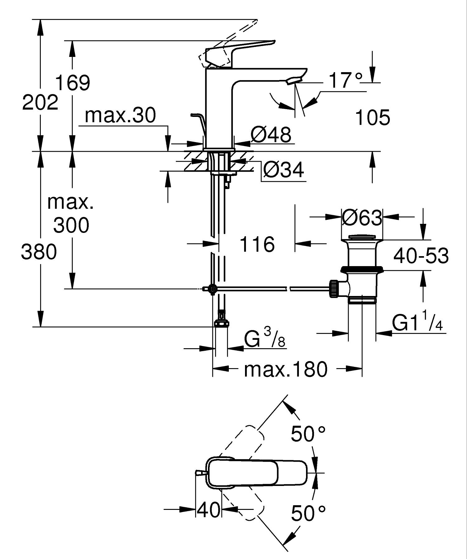 Baterie lavoar Grohe 1017510000, Cubeo, tip comanda monocomanda, marime m, tip instalare pe lavoar, pe blat, crom [3]