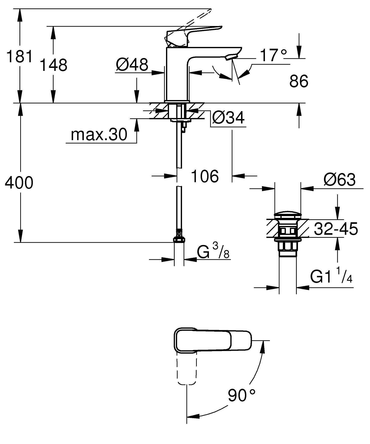 Baterie lavoar Grohe 1017320000, Cubeo, tip comanda monocomanda, tip instalare pe lavoar, marime s, crom [4]