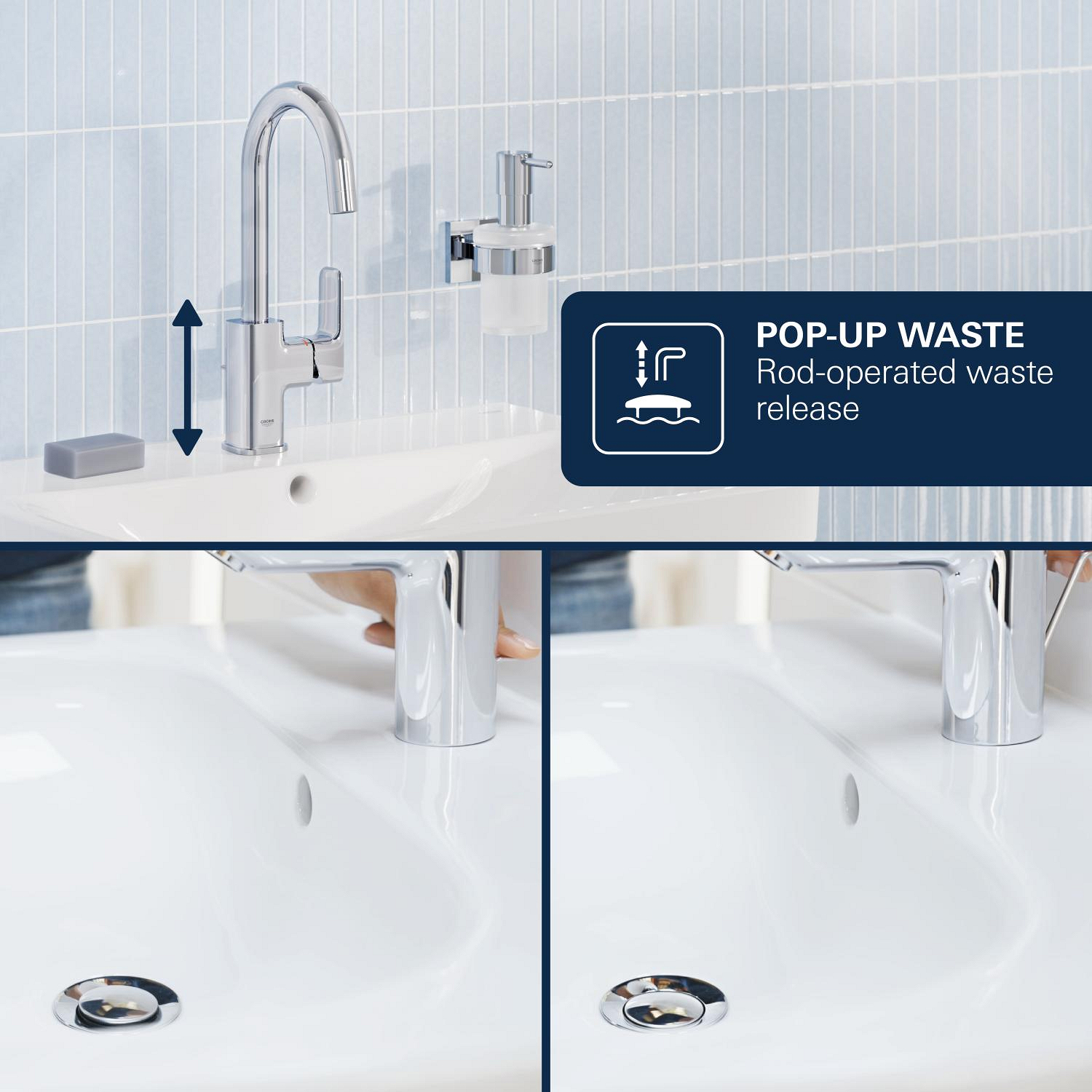 Baterie lavoar Grohe 1018710000, Dice, tip comanda monocomanda, marime l, tip instalare pe lavoar, pe blat, crom [11]