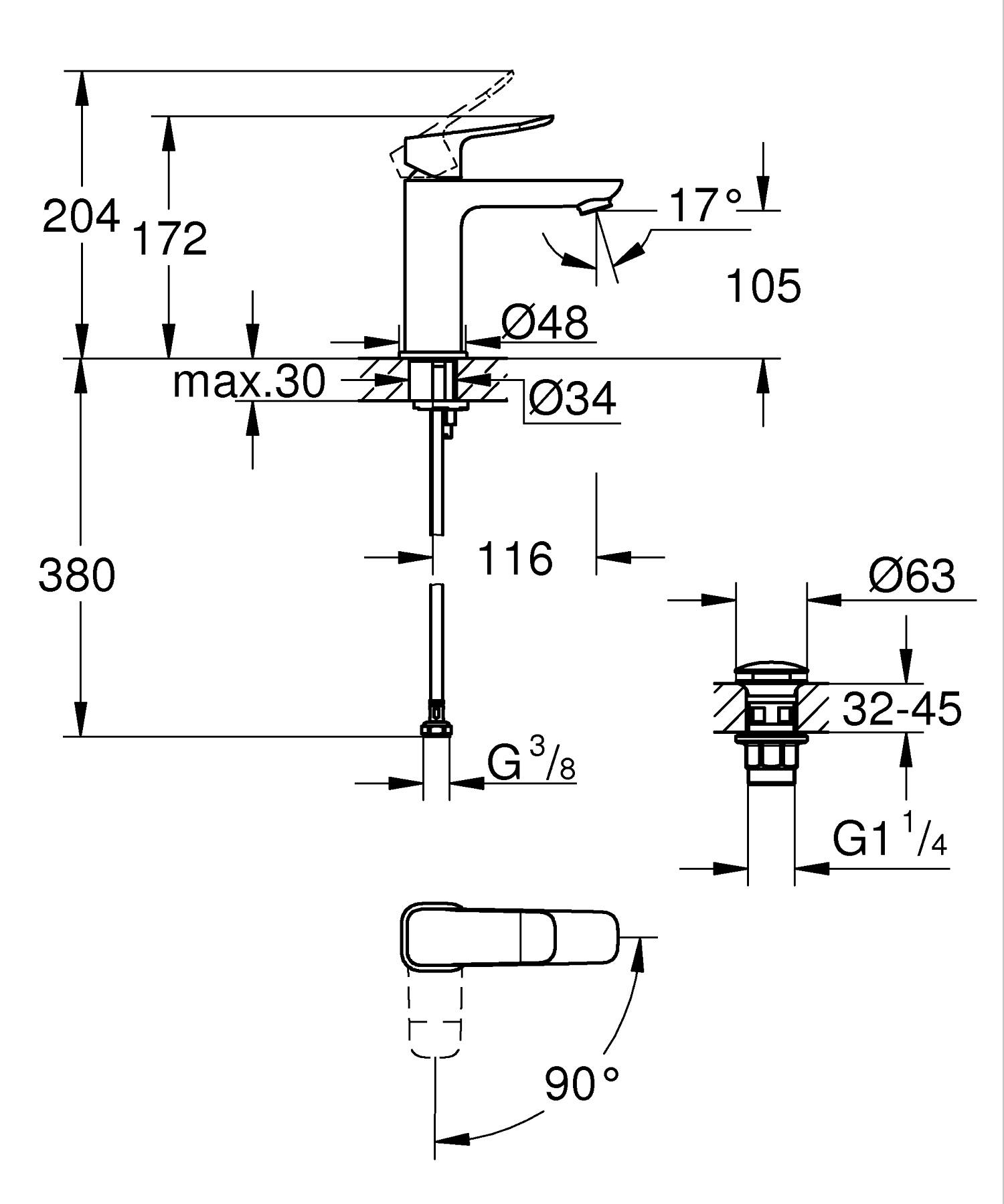 Baterie lavoar Grohe 1018362430, Dice, tip comanda monocomanda, marime m, tip instalare pe blat, pe lavoar, negru [7]