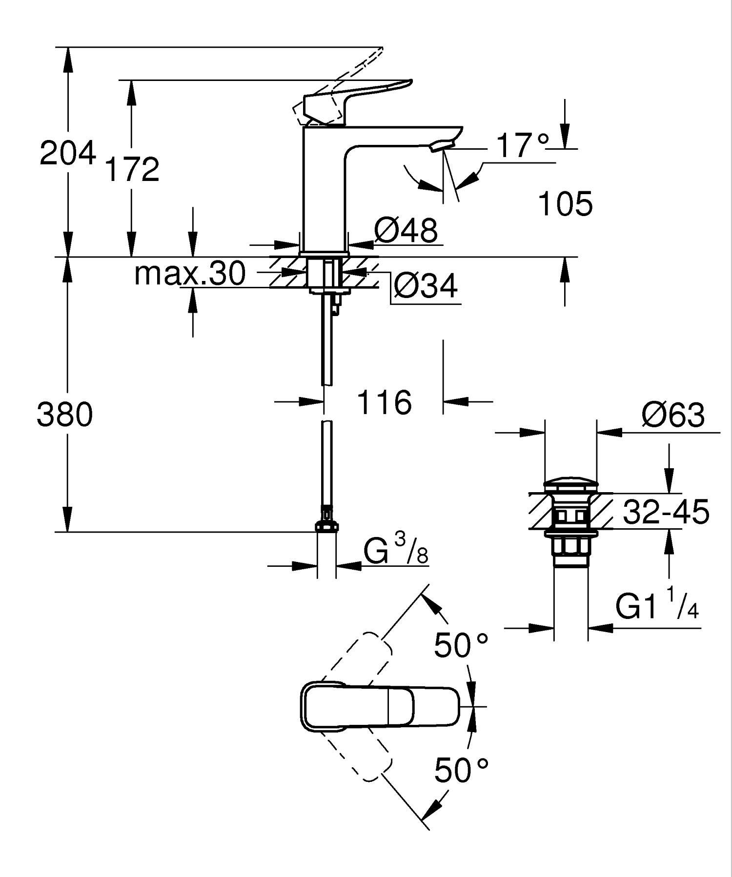 Baterie lavoar Grohe 1018332430, Dice, tip comanda monocomanda, marime m, tip instalare pe blat, pe lavoar, negru [7]