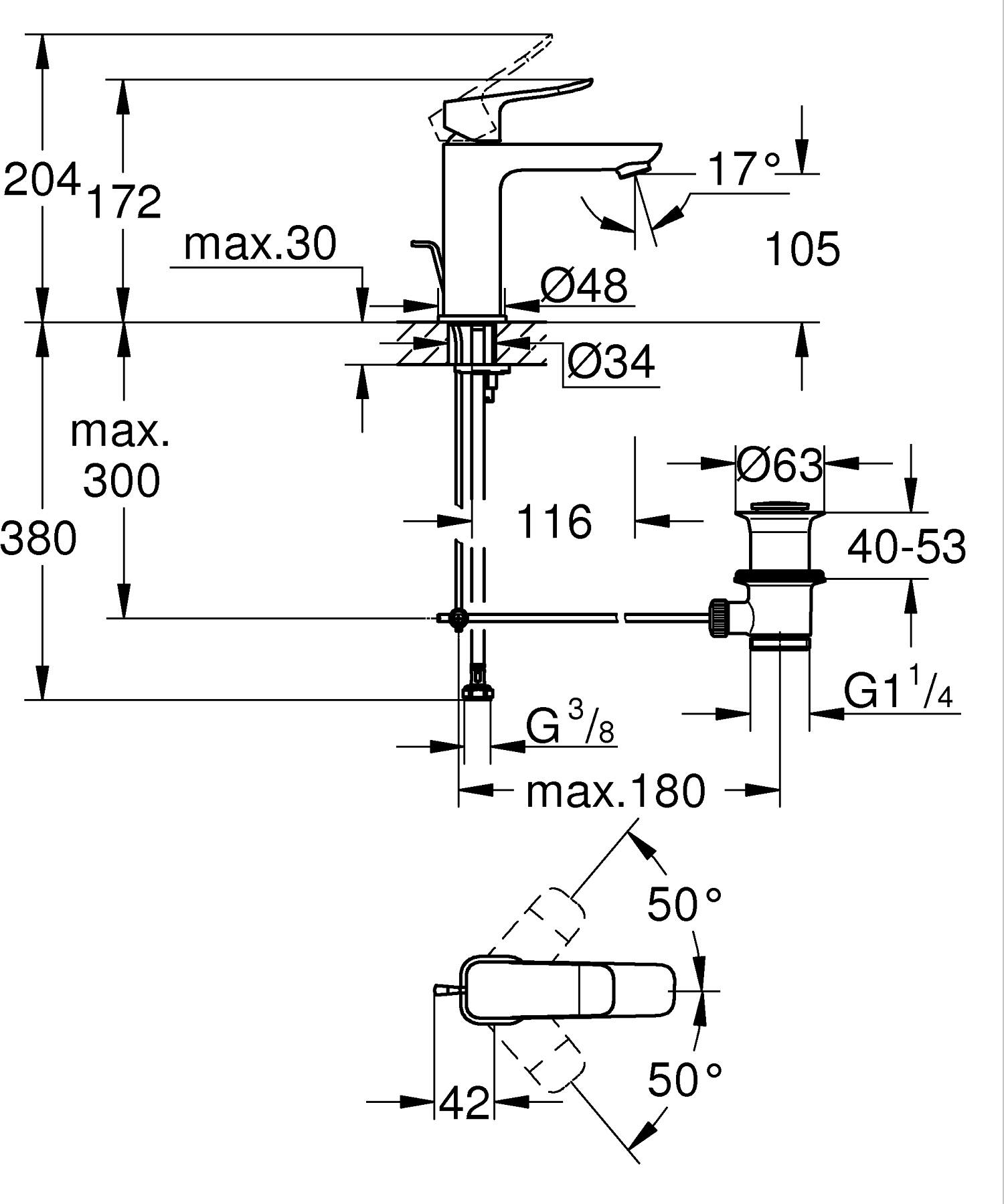 Baterie lavoar Grohe 1018322430, Dice, tip comanda monocomanda, marime m, tip instalare pe blat, pe lavoar, negru [8]
