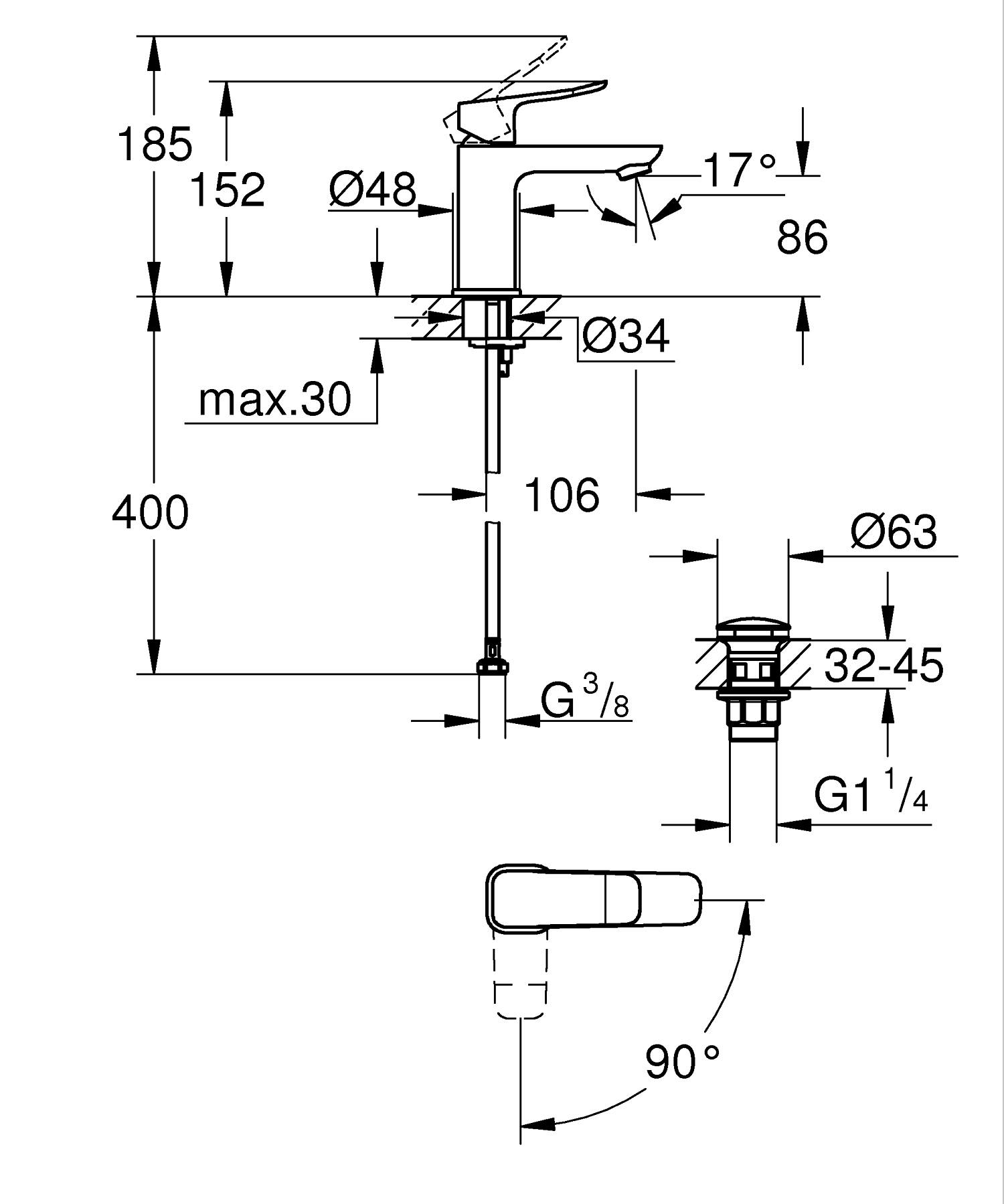 Baterie lavoar Grohe 1018610000, Dice, tip comanda monocomanda, marime s, tip instalare pe lavoar, crom [6]