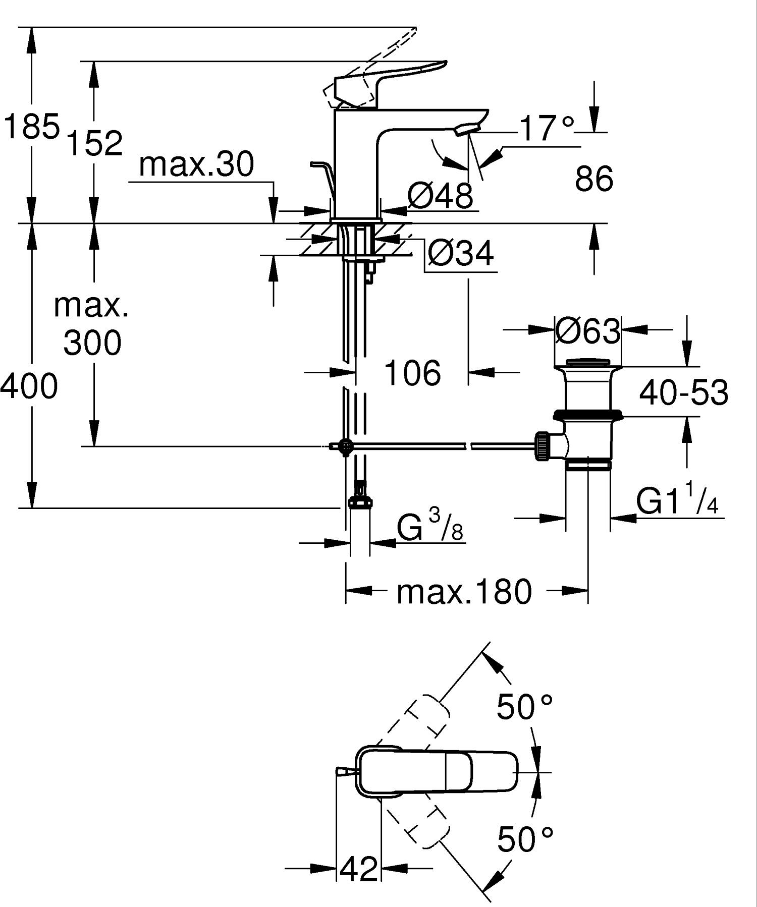 Baterie lavoar Grohe 1018560000, Dice, tip comanda monocomanda, marime s, tip instalare pe lavoar, crom [14]