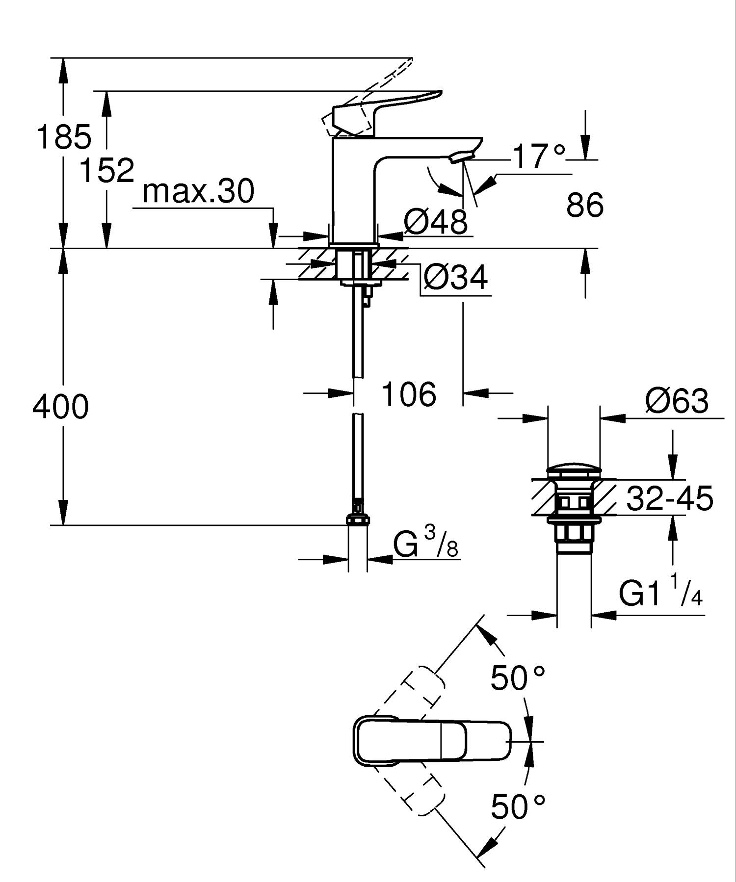 Baterie lavoar Grohe 1018572430, Dice, tip comanda monocomanda, marime s, tip instalare pe lavoar, negru [9]