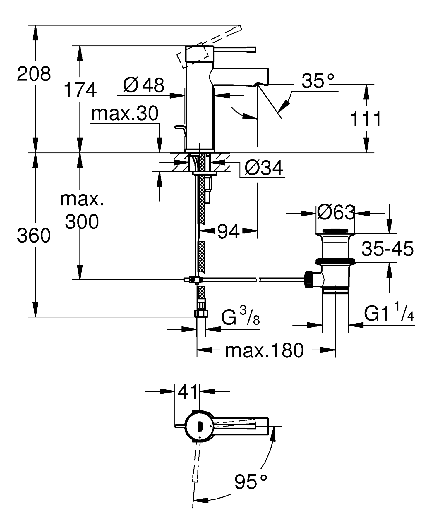 Baterie lavoar Grohe 24183001, Essence, tip comanda monocomanda, tip instalare pe lavoar, pe blat, crom [3]