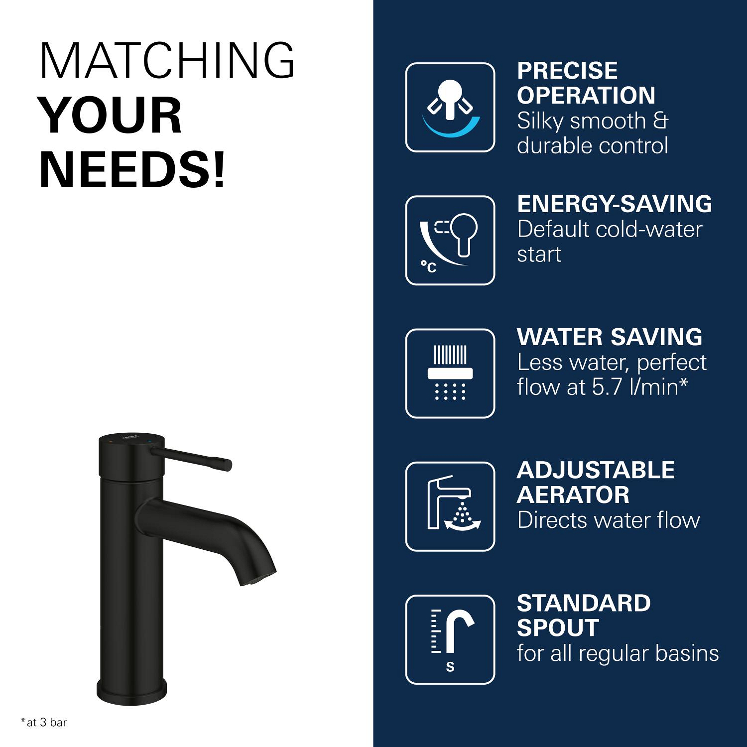 Baterie lavoar Grohe 237972431, Essence, tip comanda monocomanda, marime s, tip instalare pe lavoar, pe blat, negru [13]