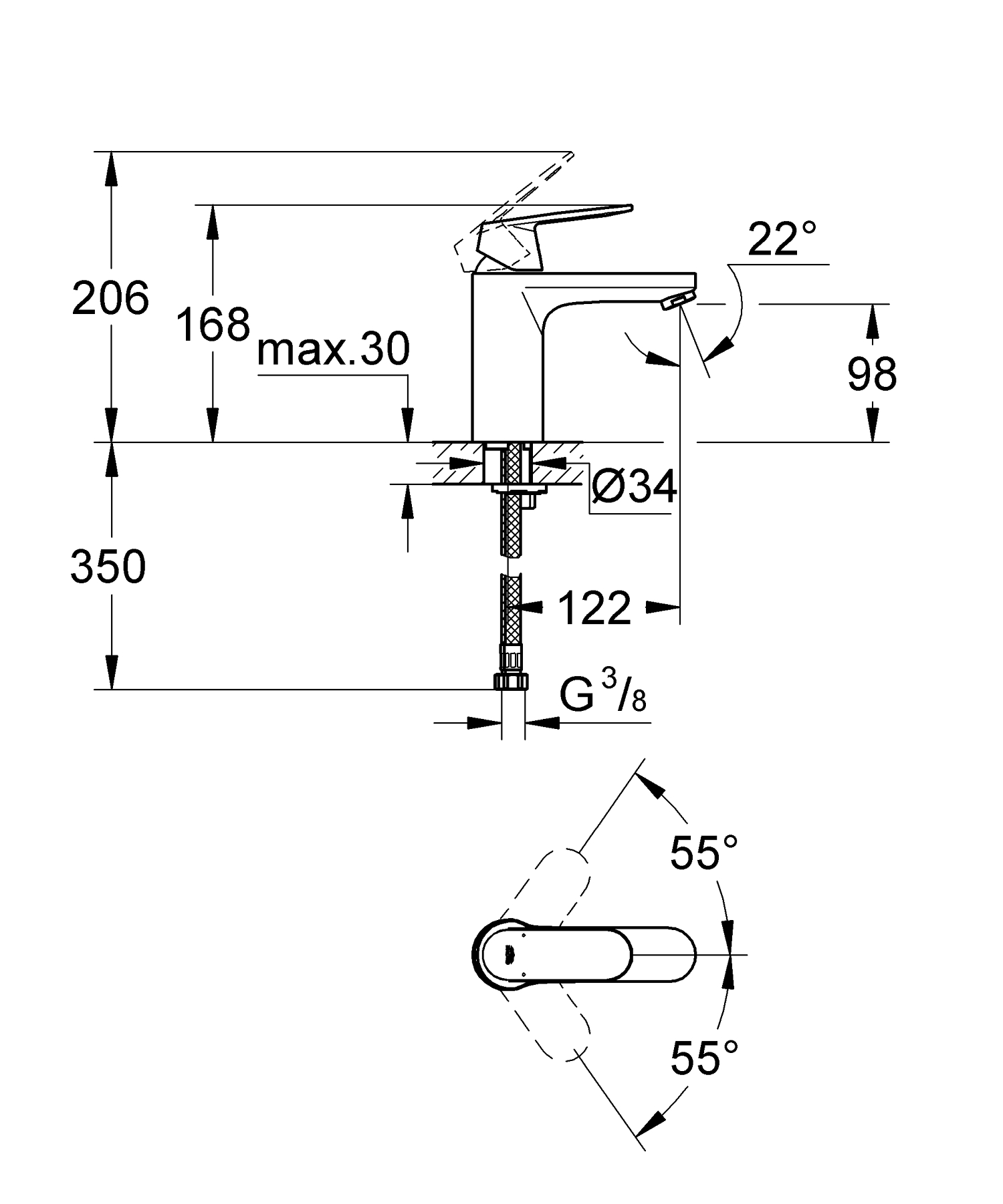 Baterie lavoar Grohe 23327000, Eurosmart Cosmopolitan, tip comanda monocomanda, tip instalare pe lavoar, pe blat, crom [5]
