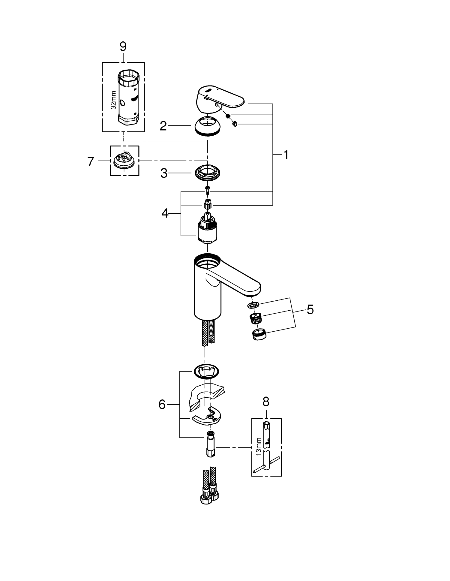 Baterie lavoar Grohe 23327000, Eurosmart Cosmopolitan, tip comanda monocomanda, tip instalare pe lavoar, pe blat, crom [6]