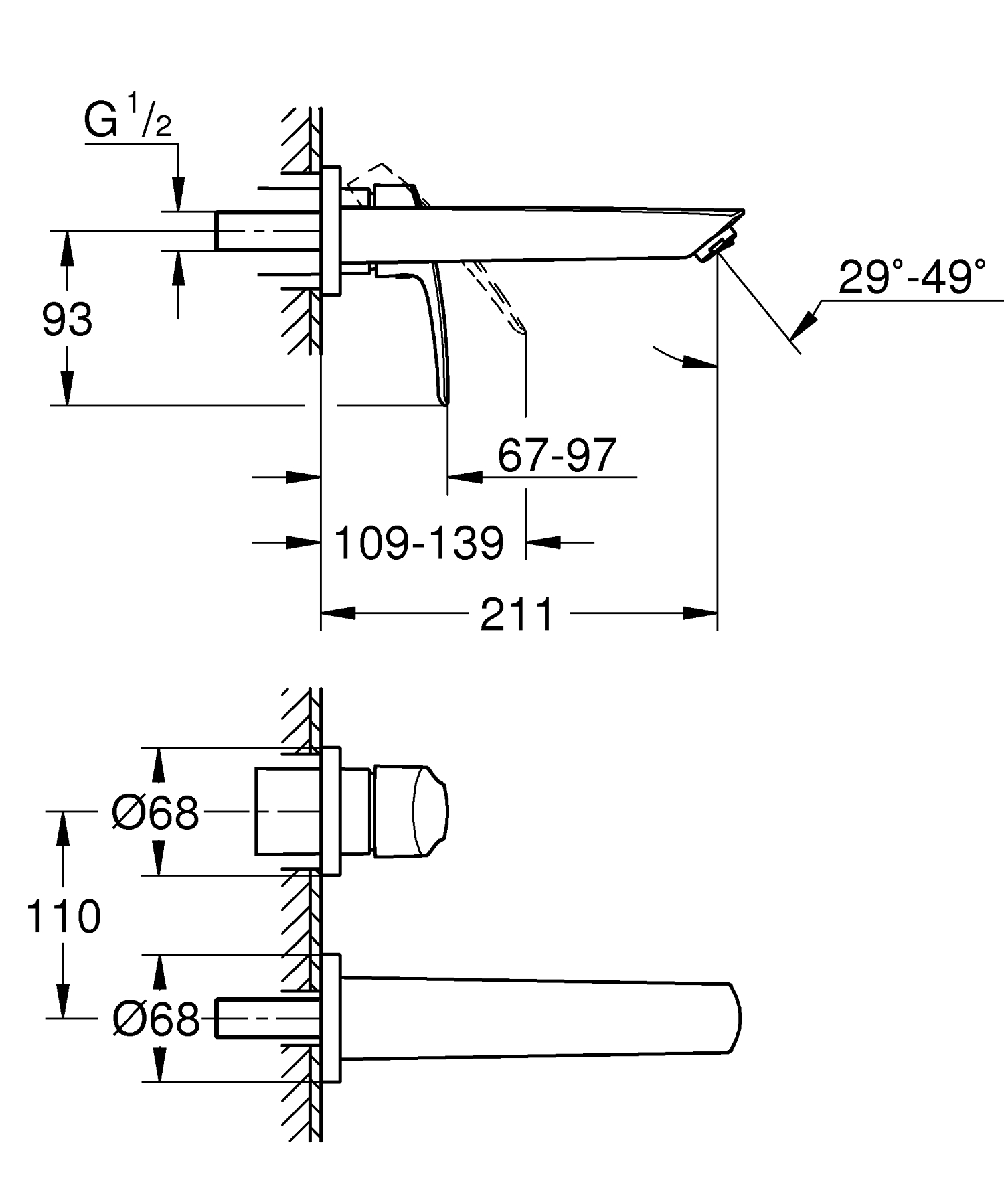 Baterie lavoar Grohe 29338003, Eurosmart, tip comanda monocomanda, tip instalare pe perete, marime l, crom [4]