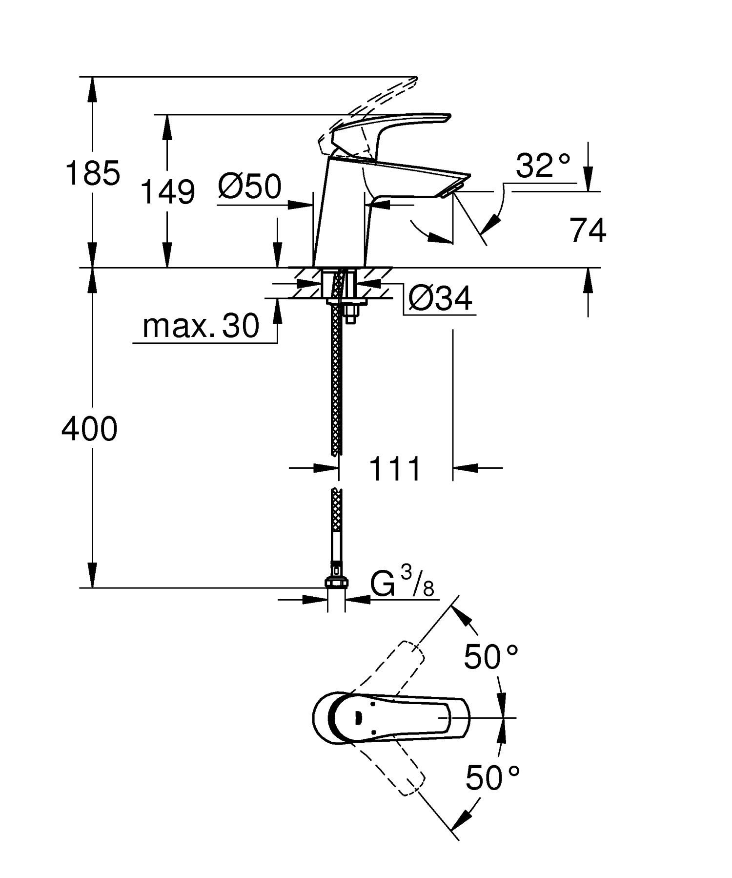 Baterie lavoar Grohe 23967003, Eurosmart, tip comanda monocomanda, tip instalare pe lavoar, marime s, crom [5]