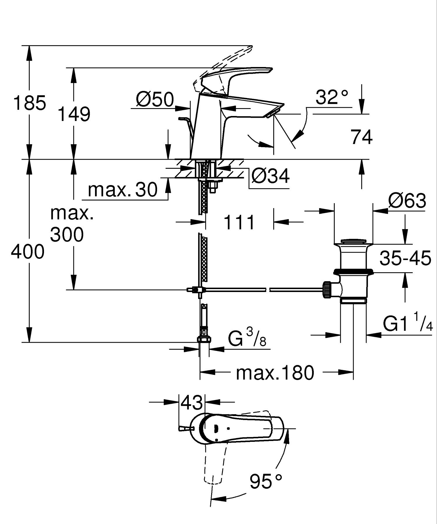 Baterie lavoar Grohe 239692433, EuroSmart, tip comanda monocomanda, marime s, tip instalare pe lavoar, negru [3]