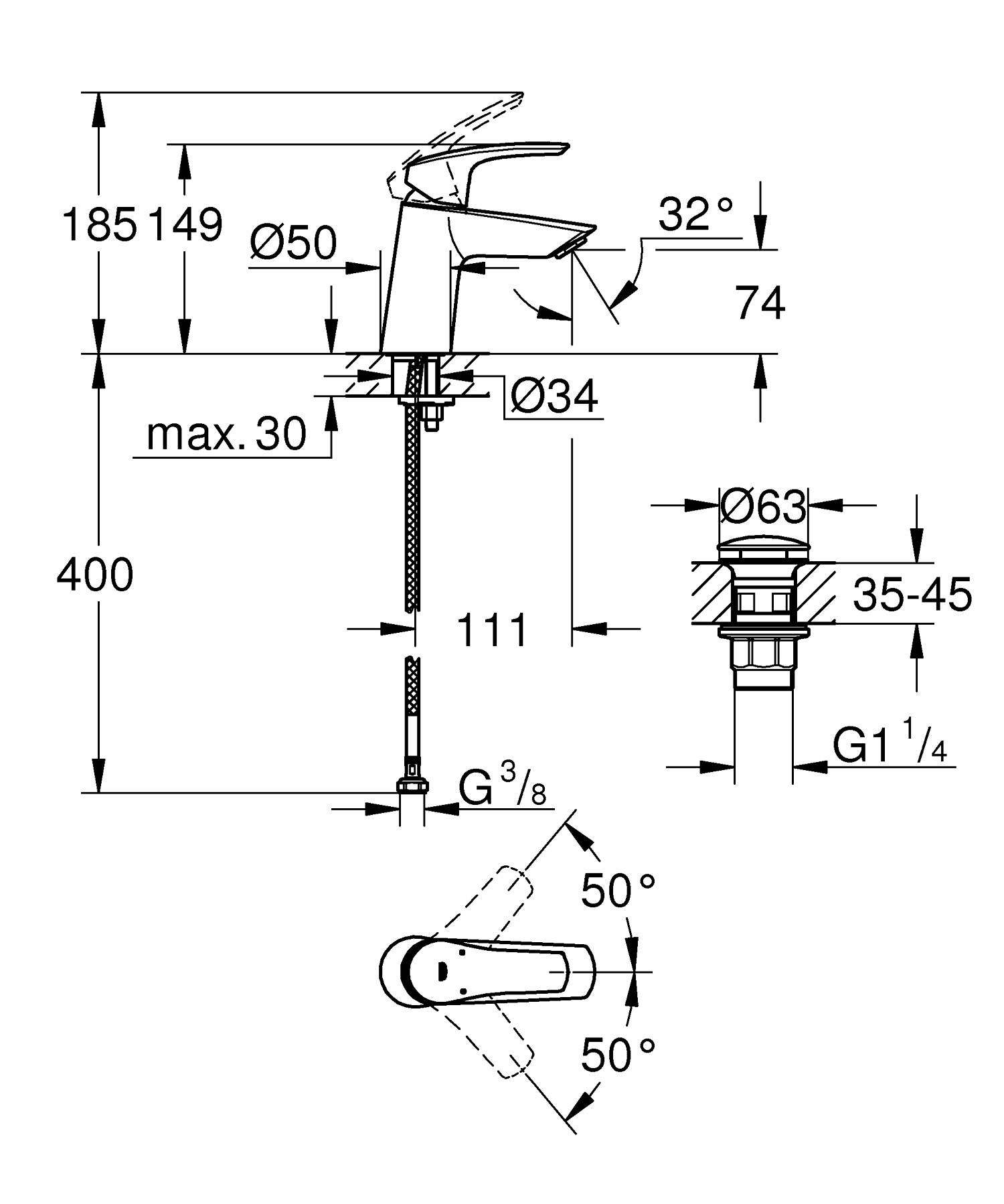 Baterie lavoar Grohe 23968003, Eurosmart, tip comanda monocomanda, tip instalare pe lavoar, marime s, crom [5]