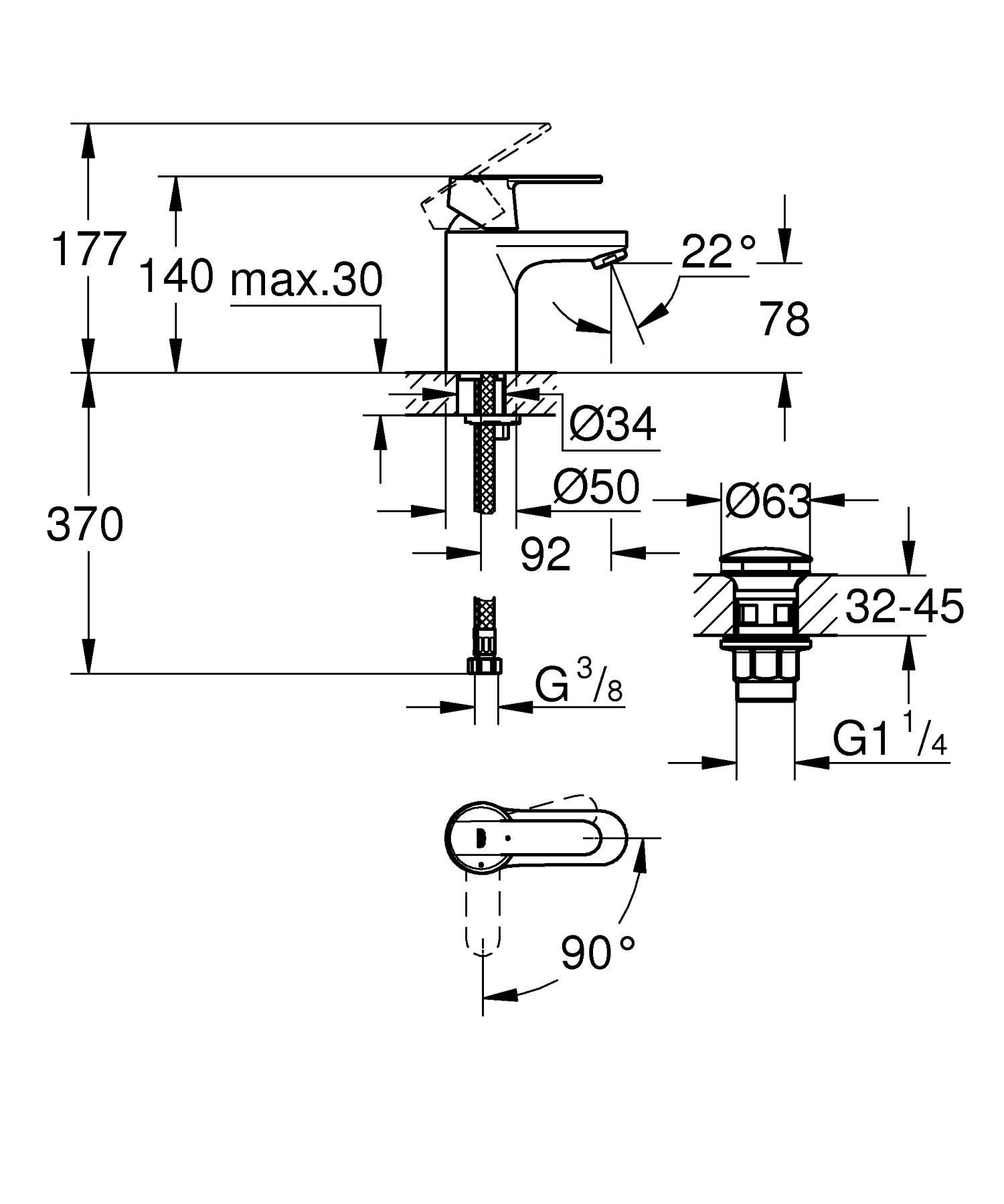 Baterie lavoar Grohe 23586000, Get, tip comanda monocomanda, tip instalare pe lavoar, marime s, crom [1]