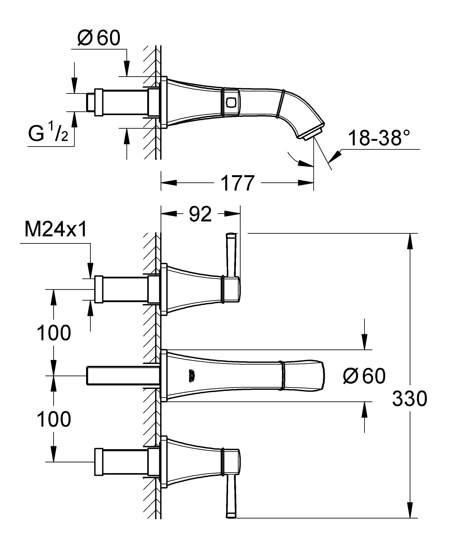 Baterie lavoar Grohe 20414000, Grandera, tip comanda dubla comanda, tip instalare pe perete, marime m, crom [1]