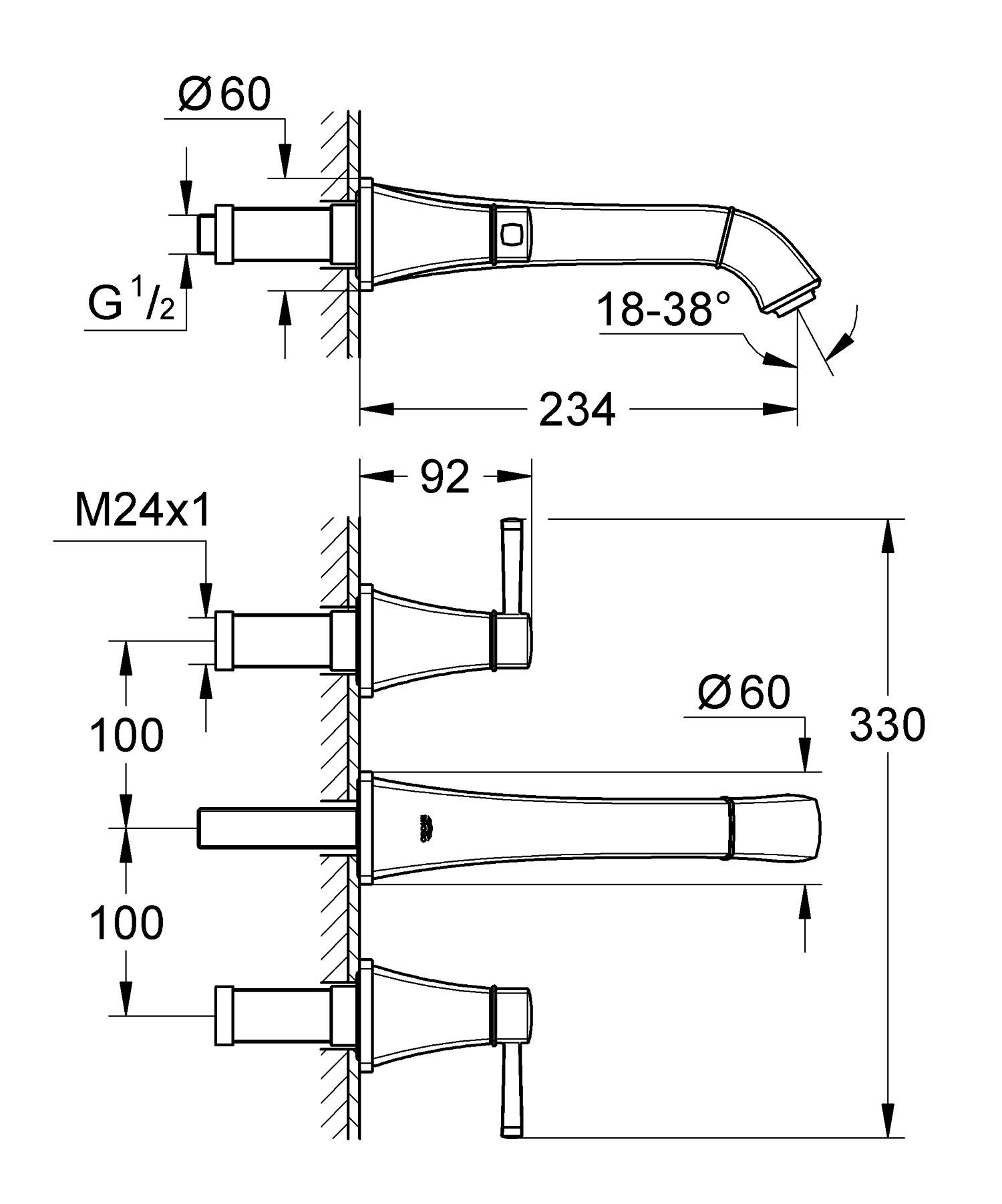 Baterie lavoar Grohe 20415000, Grandera, tip comanda dubla comanda, tip instalare pe perete, marime l, crom [1]